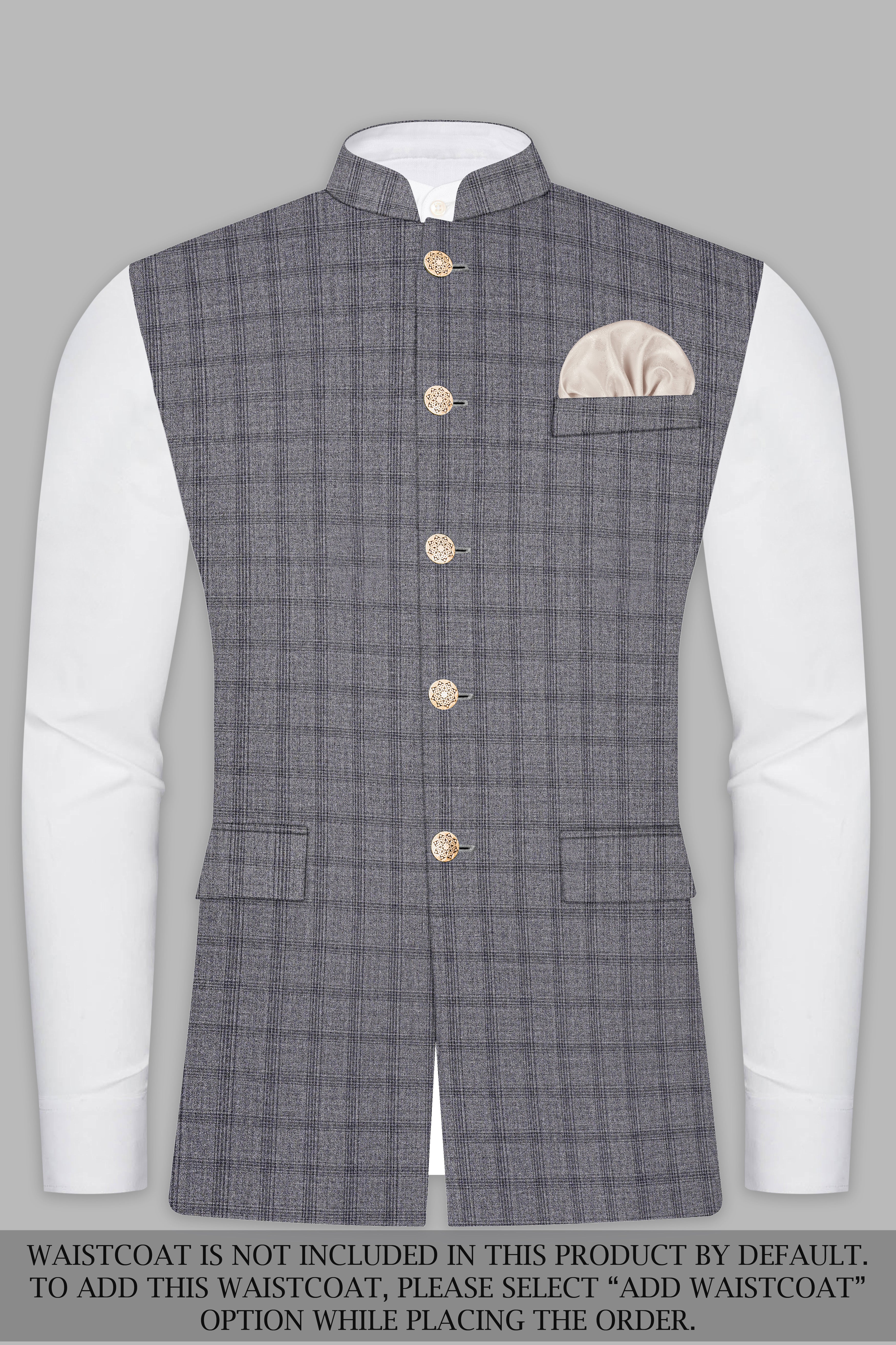 Gravel Gray Checked Wool Blend Cross Placket Bandhgala Suit