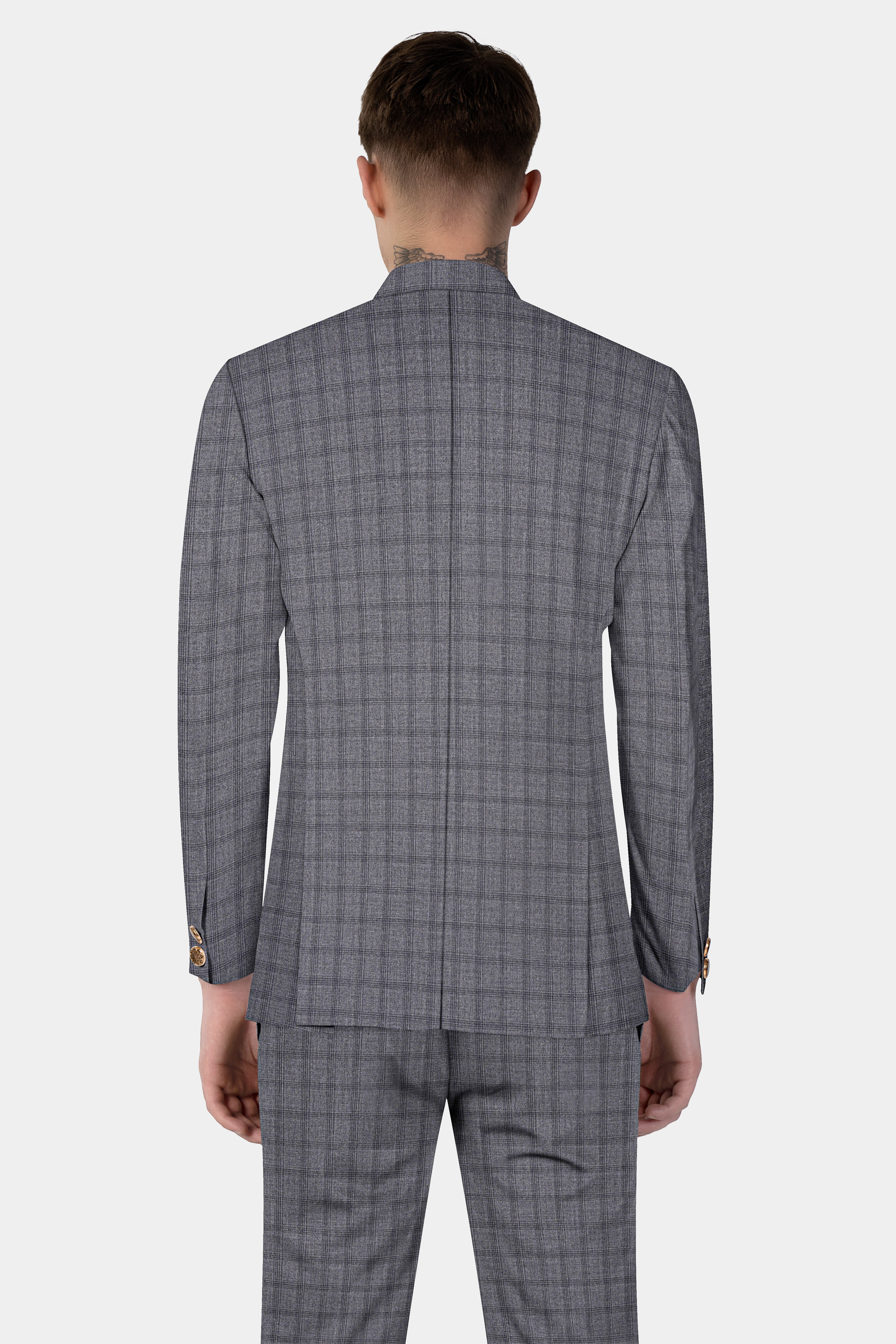 Gravel Gray Checked Wool Blend Cross Placket Bandhgala Suit