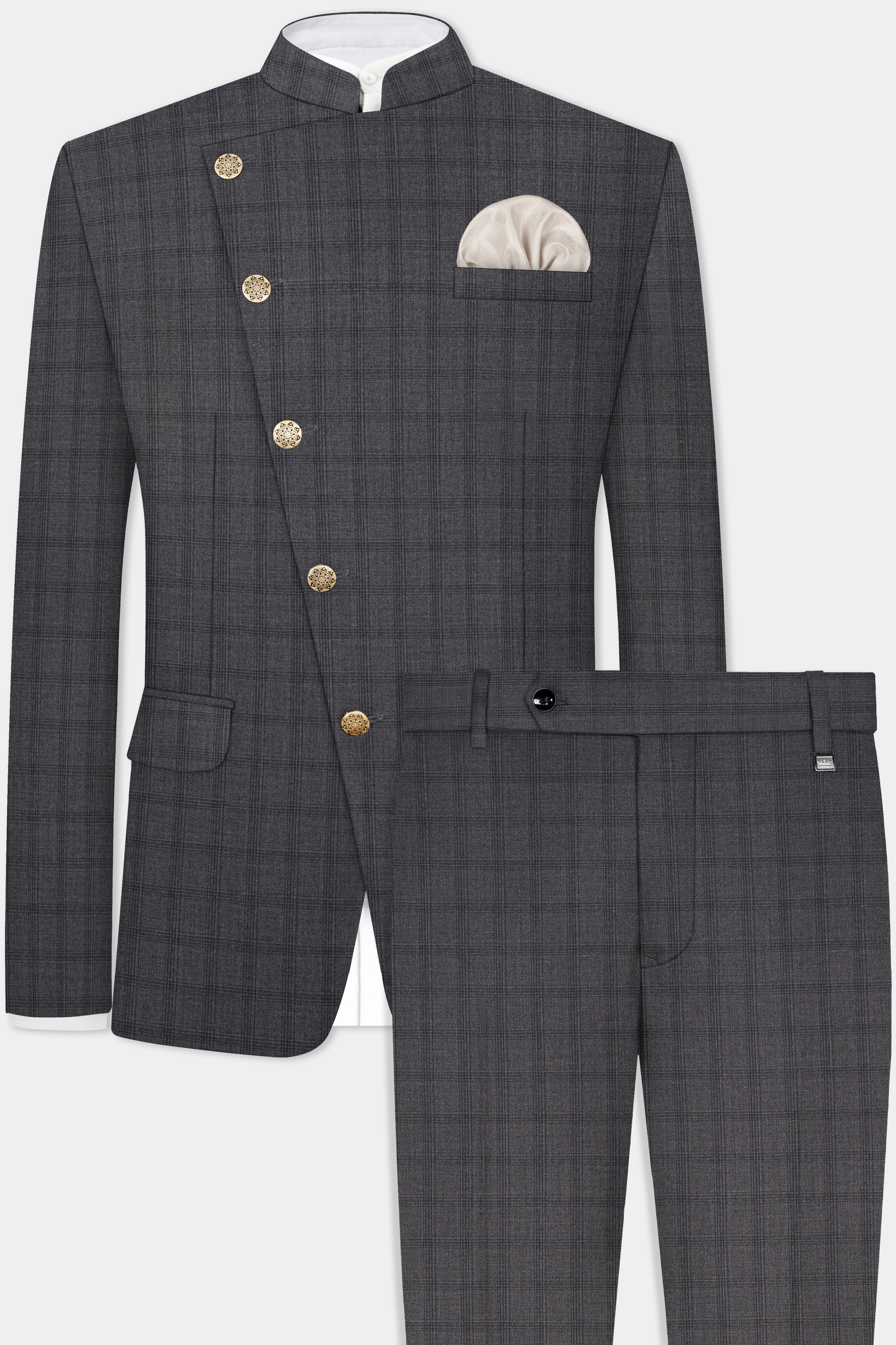 Gravel Gray Checked Wool Blend Cross Placket Bandhgala Suit