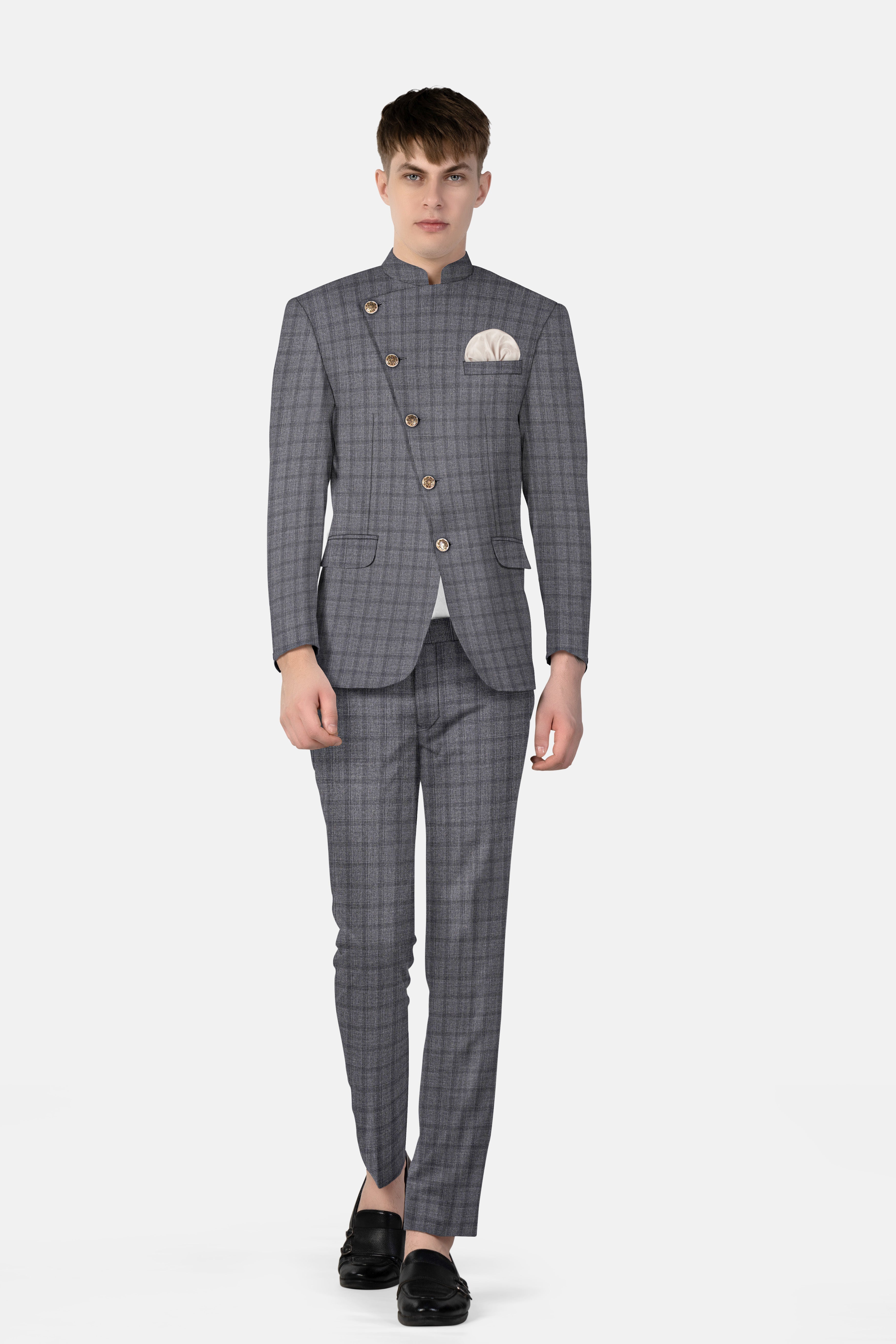 Gravel Gray Checked Wool Blend Cross Placket Bandhgala Suit