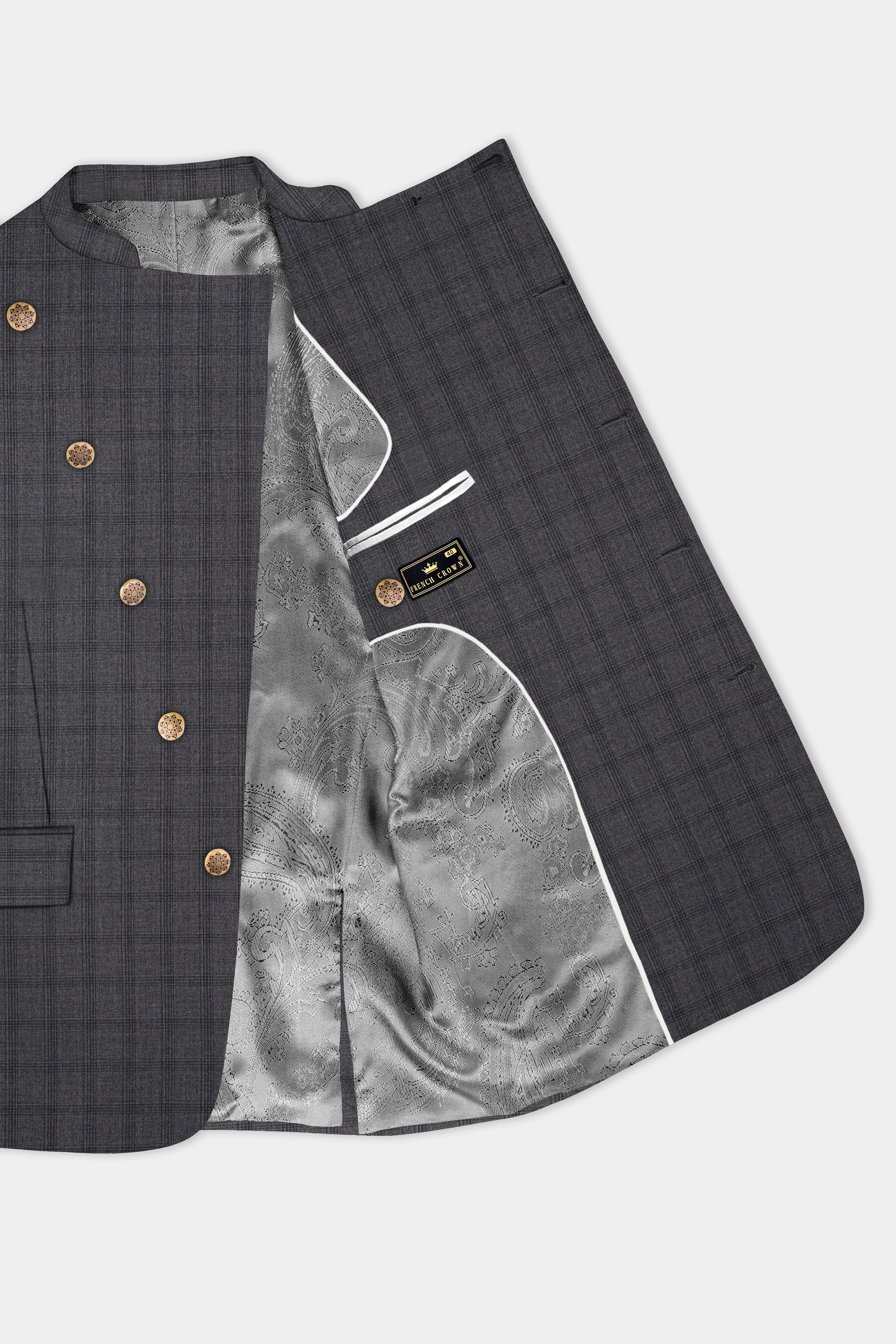 Gravel Gray Checked Wool Blend Cross Placket Bandhgala Suit