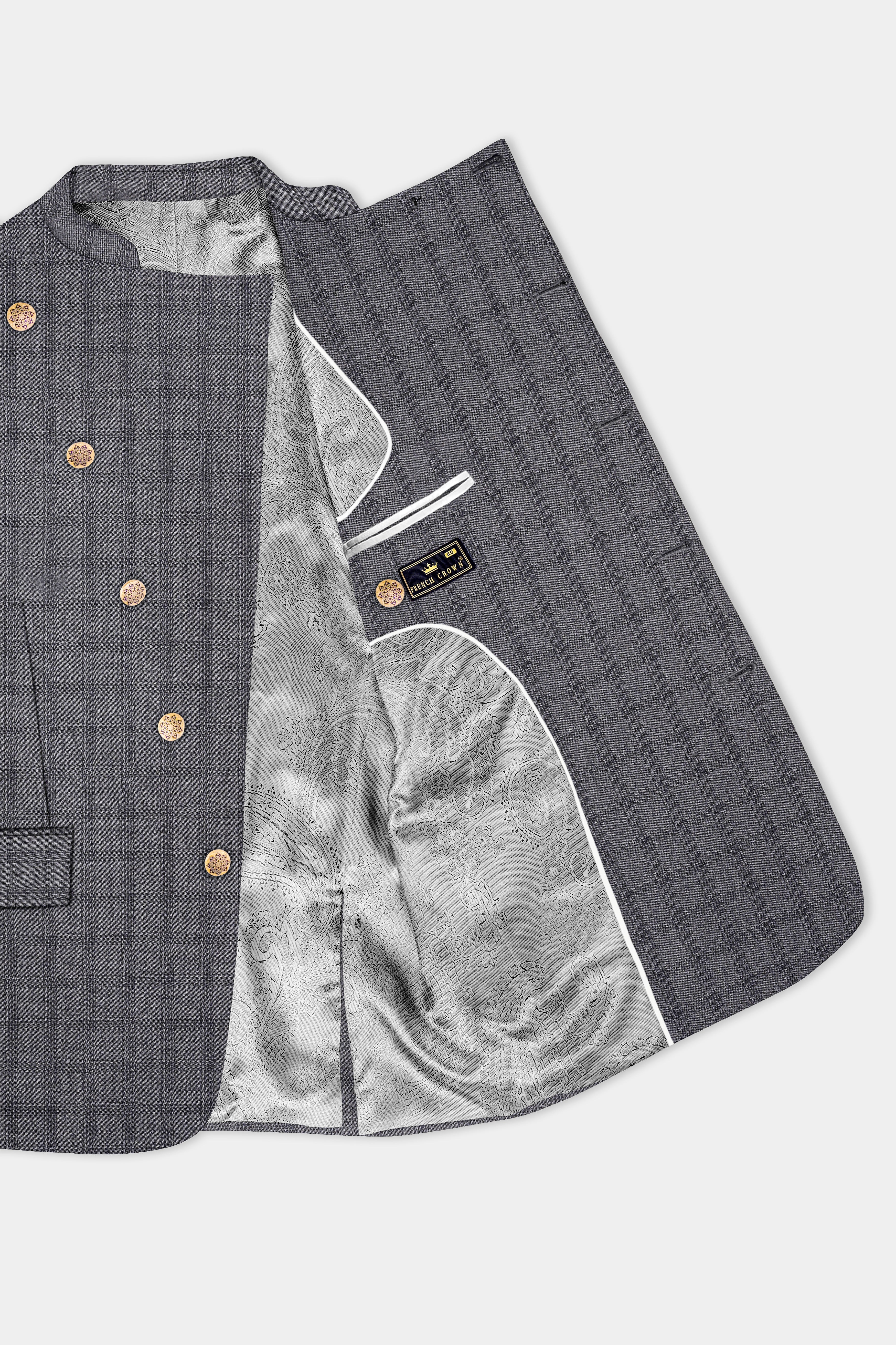 Gravel Gray Checked Wool Blend Cross Placket Bandhgala Suit