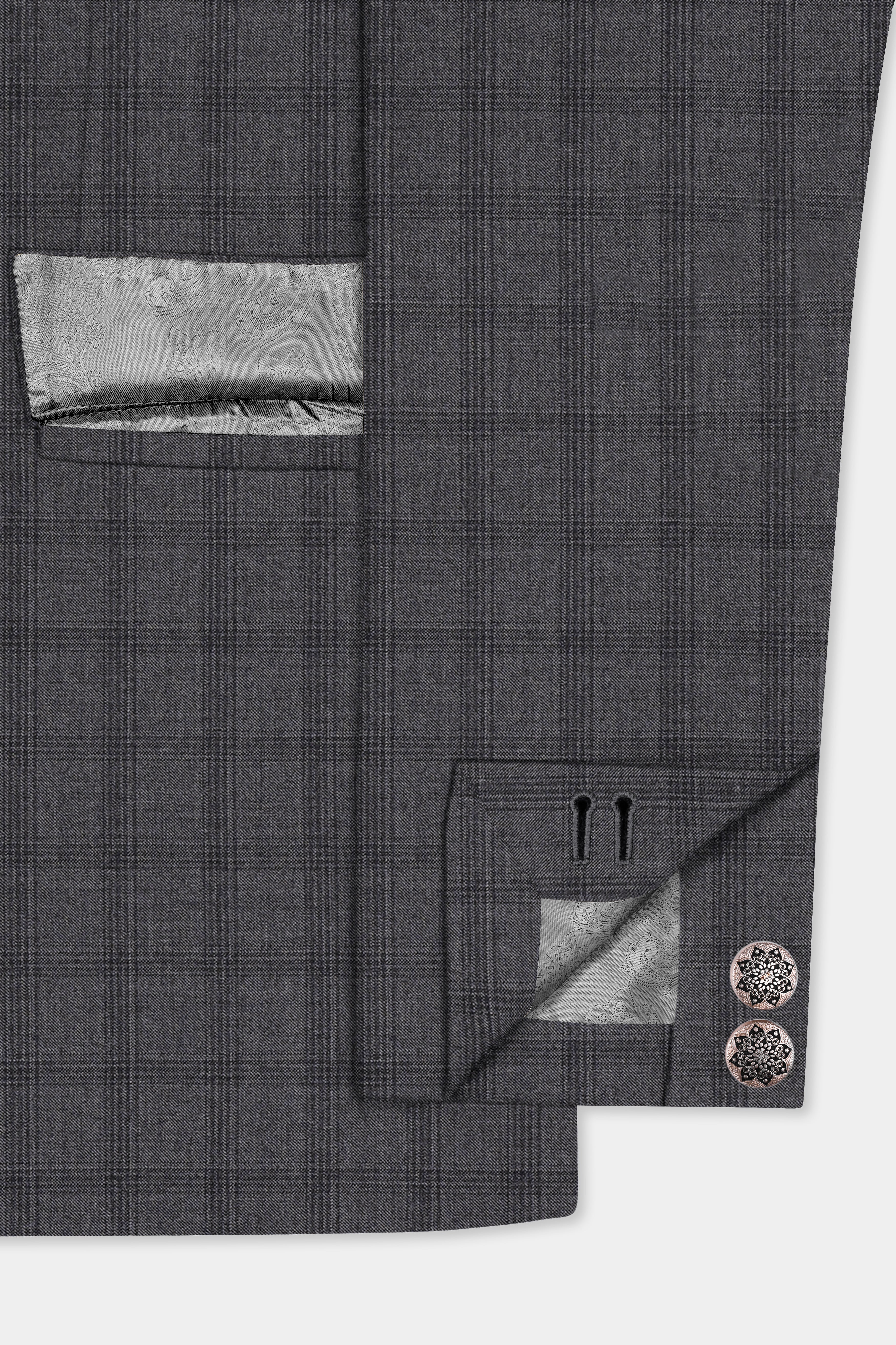 Gravel Gray Checked Wool Blend Cross Placket Bandhgala Suit