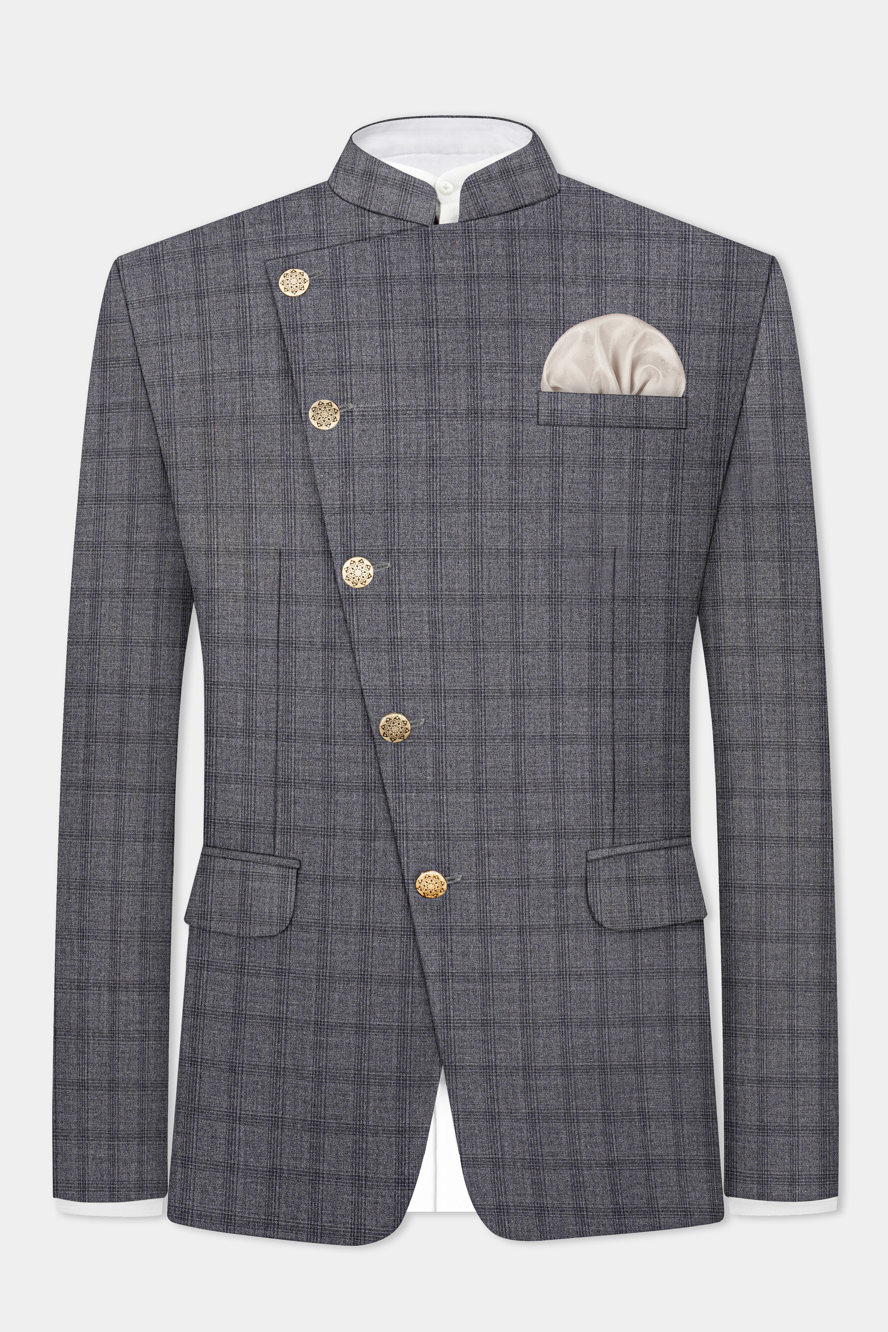 Gravel Gray Checked Wool Blend Cross Placket Bandhgala Suit