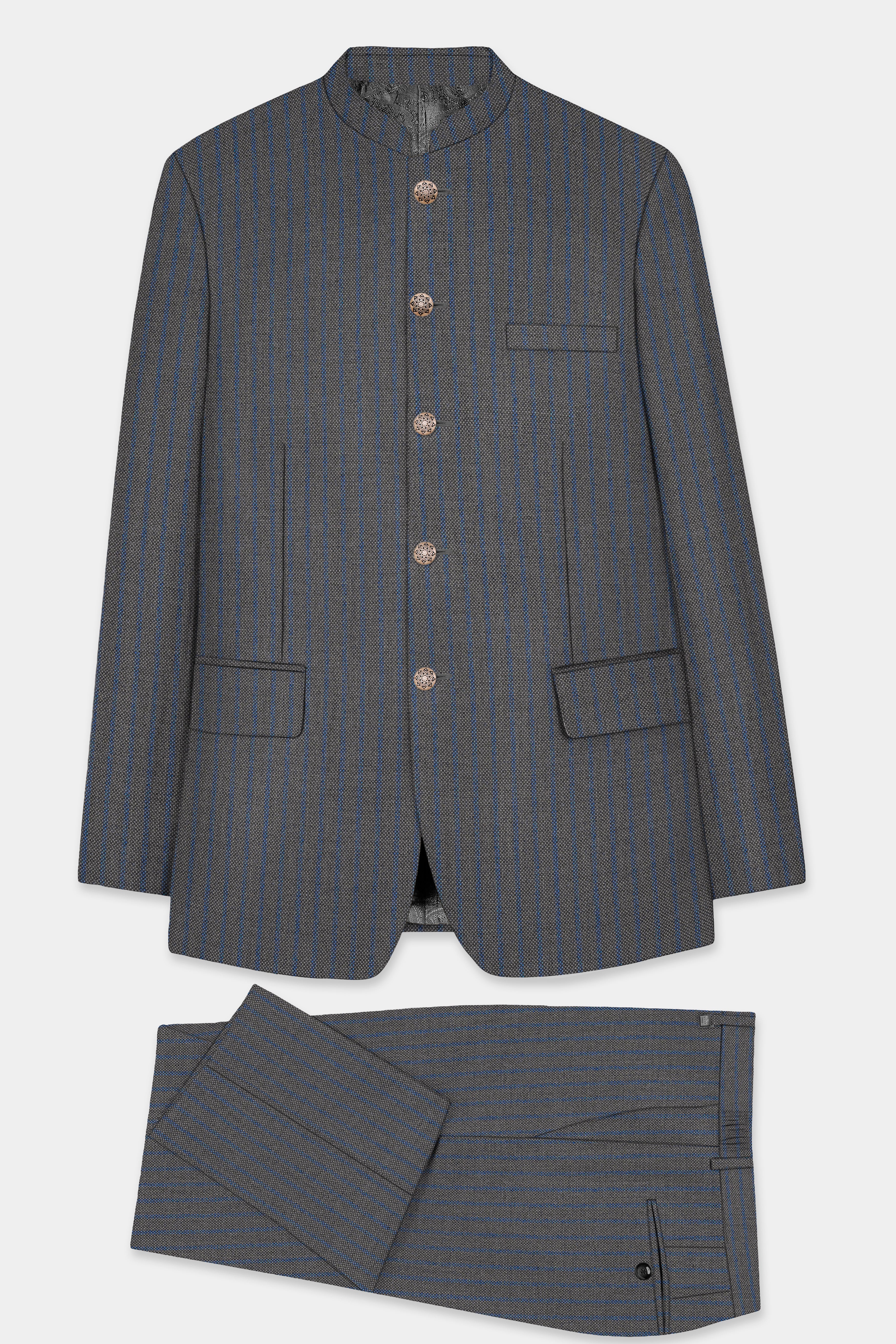 Vampire Gray Striped Wool Blend Bandhgala Suit