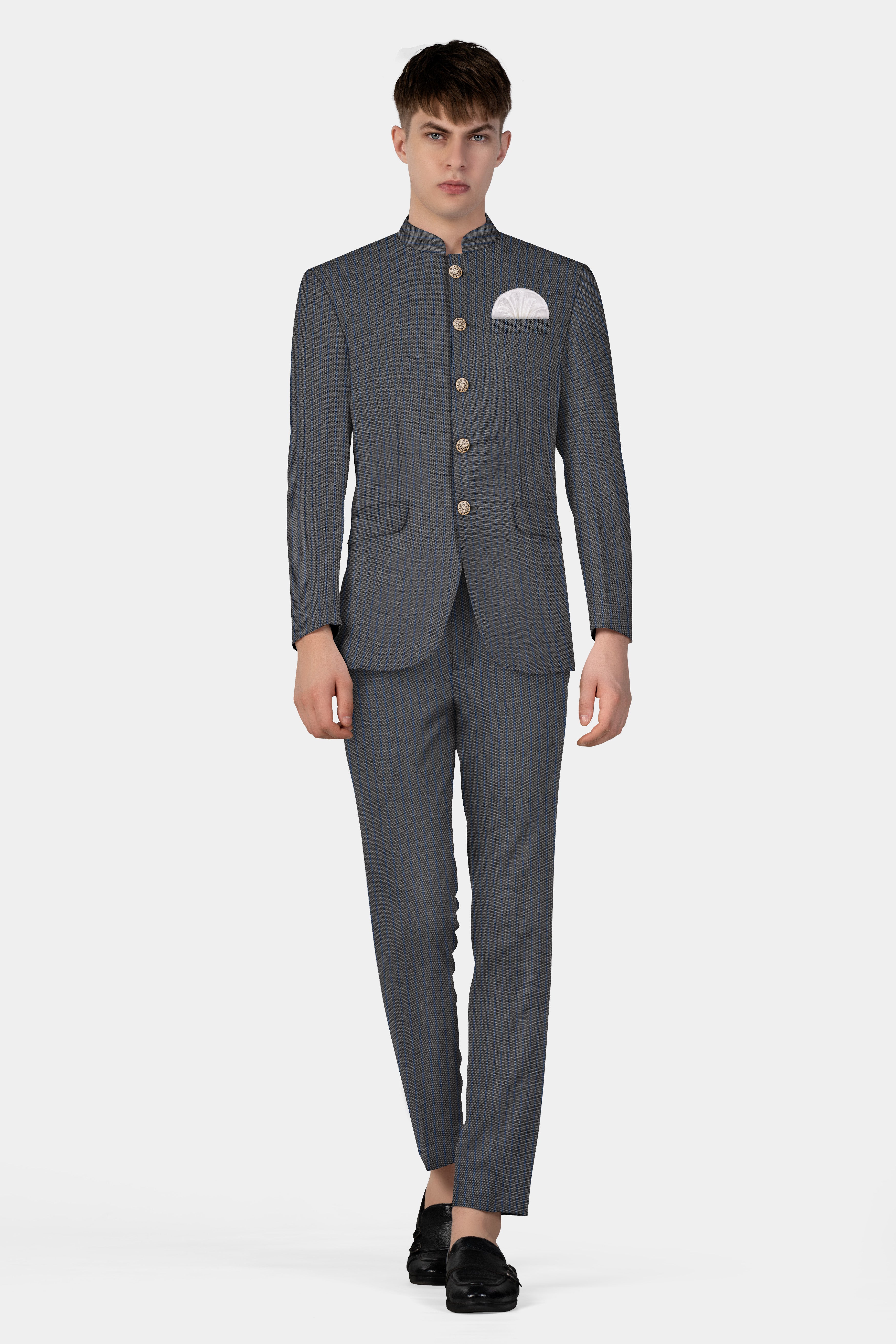 Vampire Gray Striped Wool Blend Bandhgala Suit