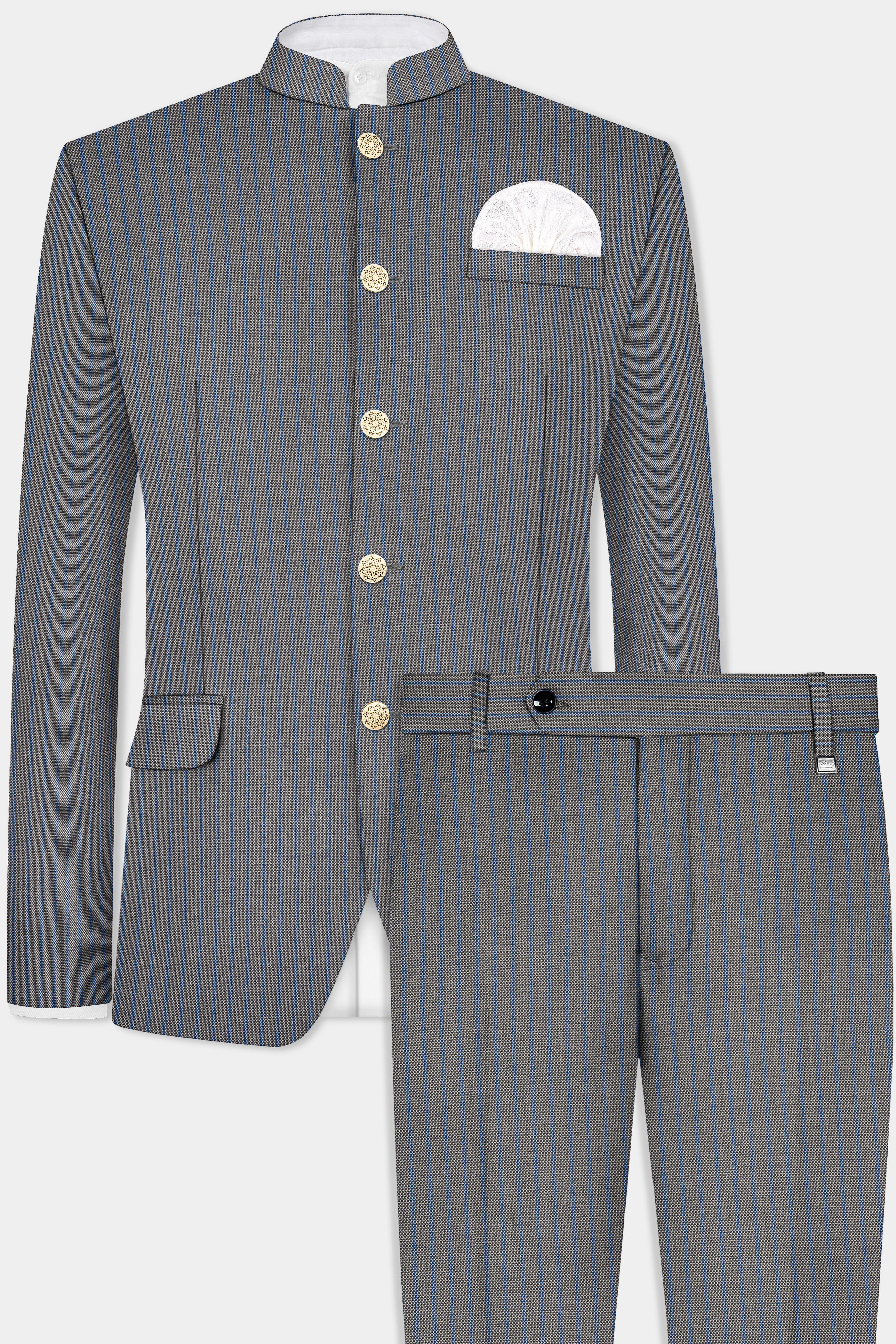 Vampire Gray Striped Wool Blend Bandhgala Suit