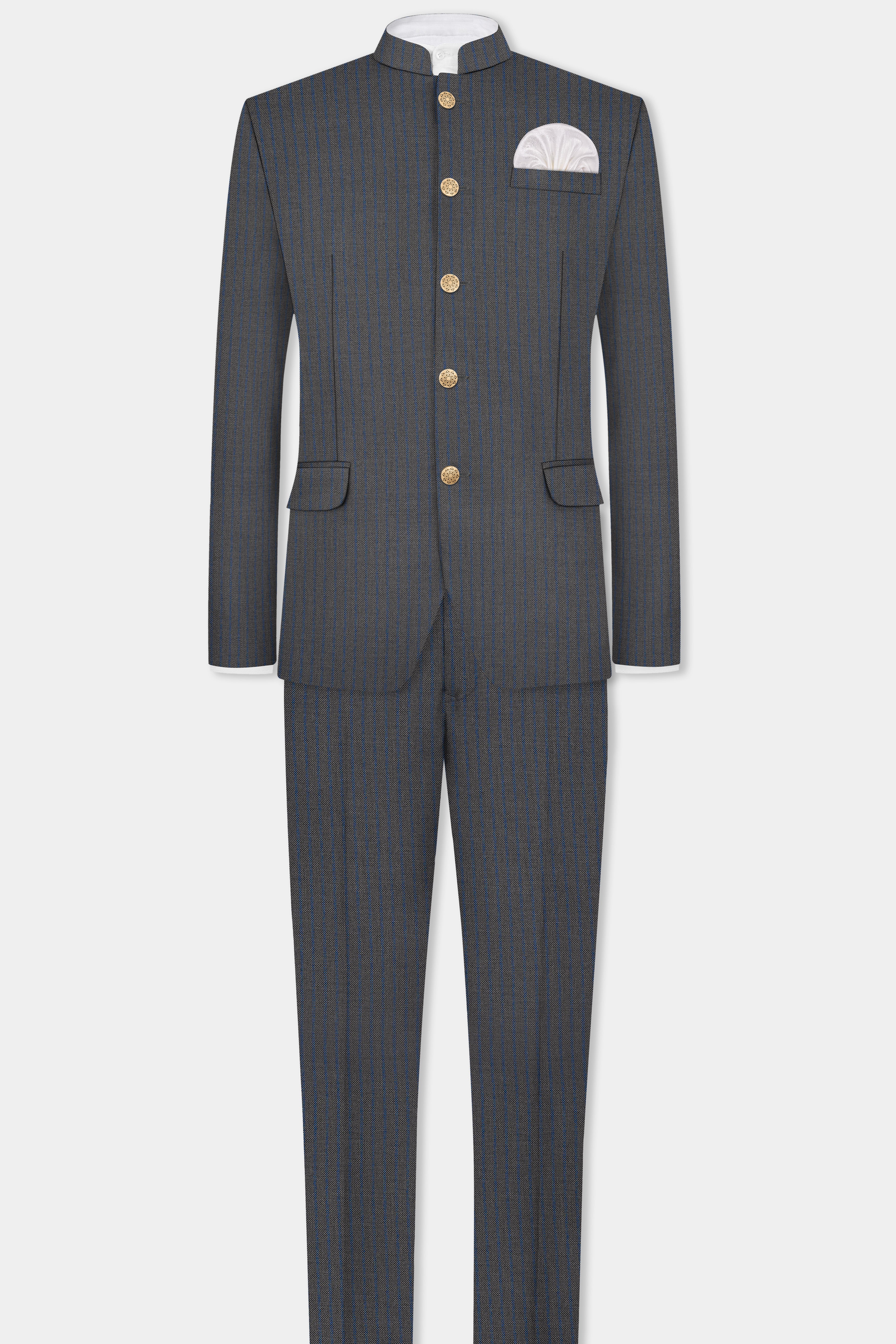 Vampire Gray Striped Wool Blend Bandhgala Suit