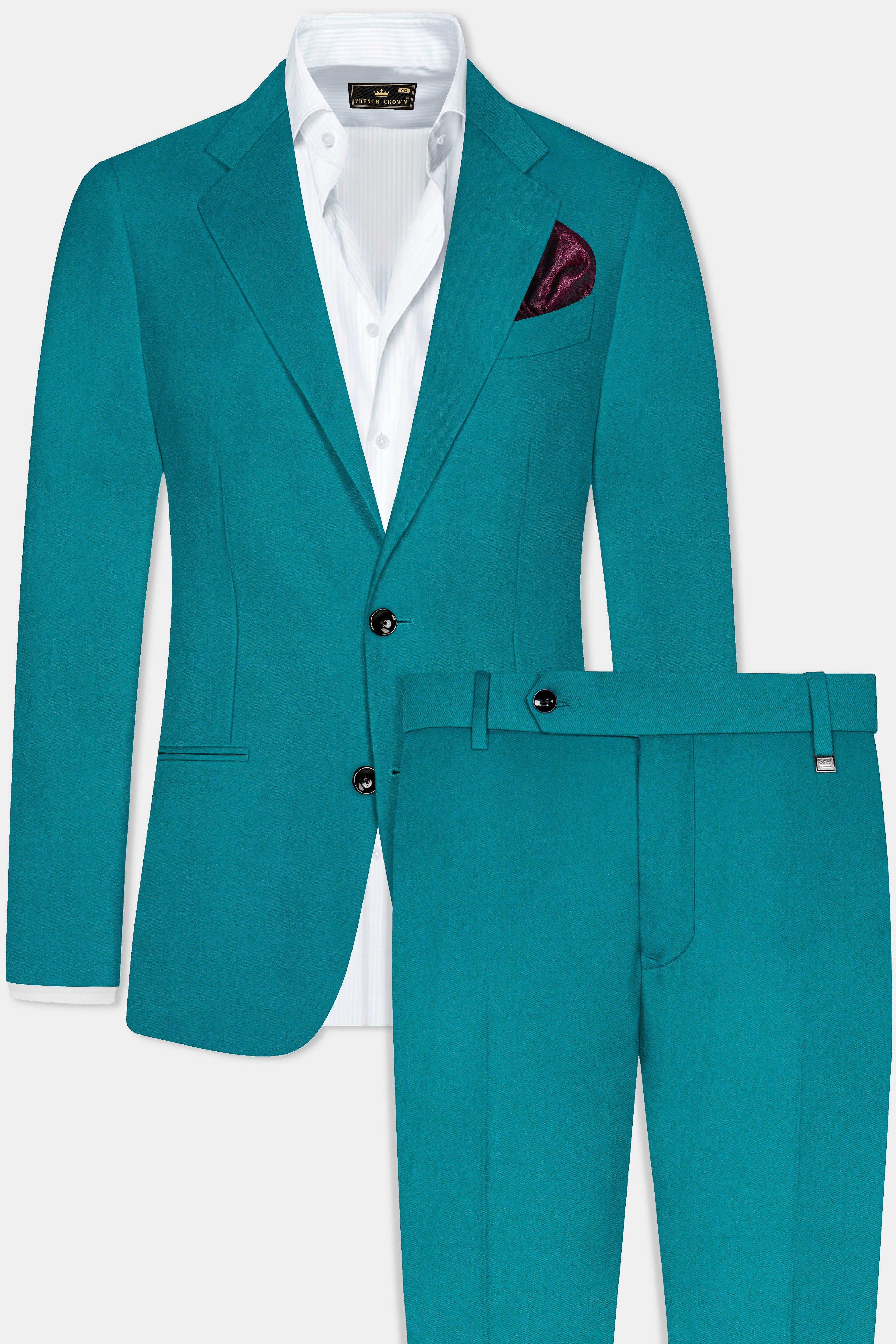 Surfie Green Plain Solid Wool Blend Single Breasted Suit