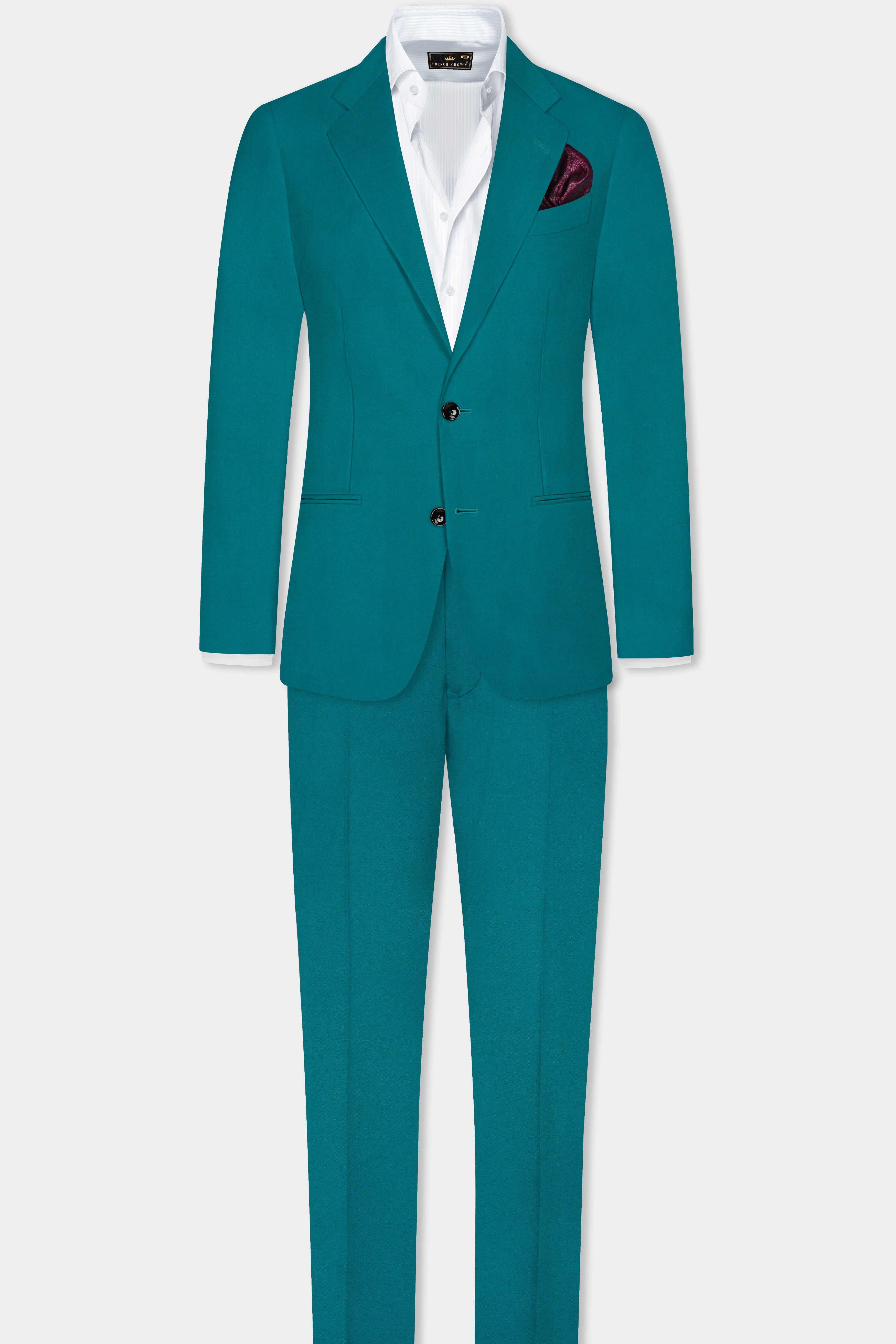 Surfie Green Plain Solid Wool Blend Single Breasted Suit