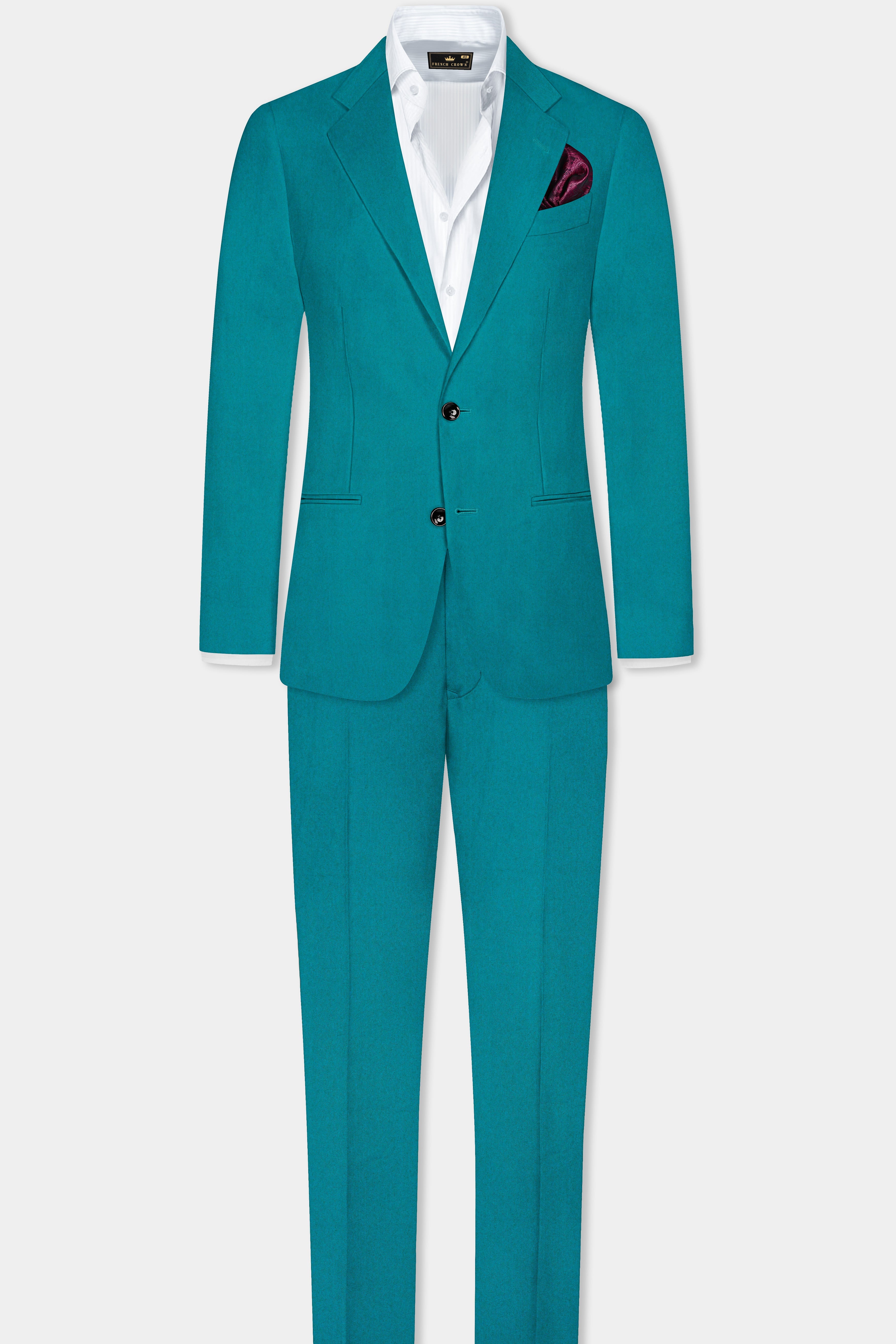 Surfie Green Plain Solid Wool Blend Single Breasted Suit