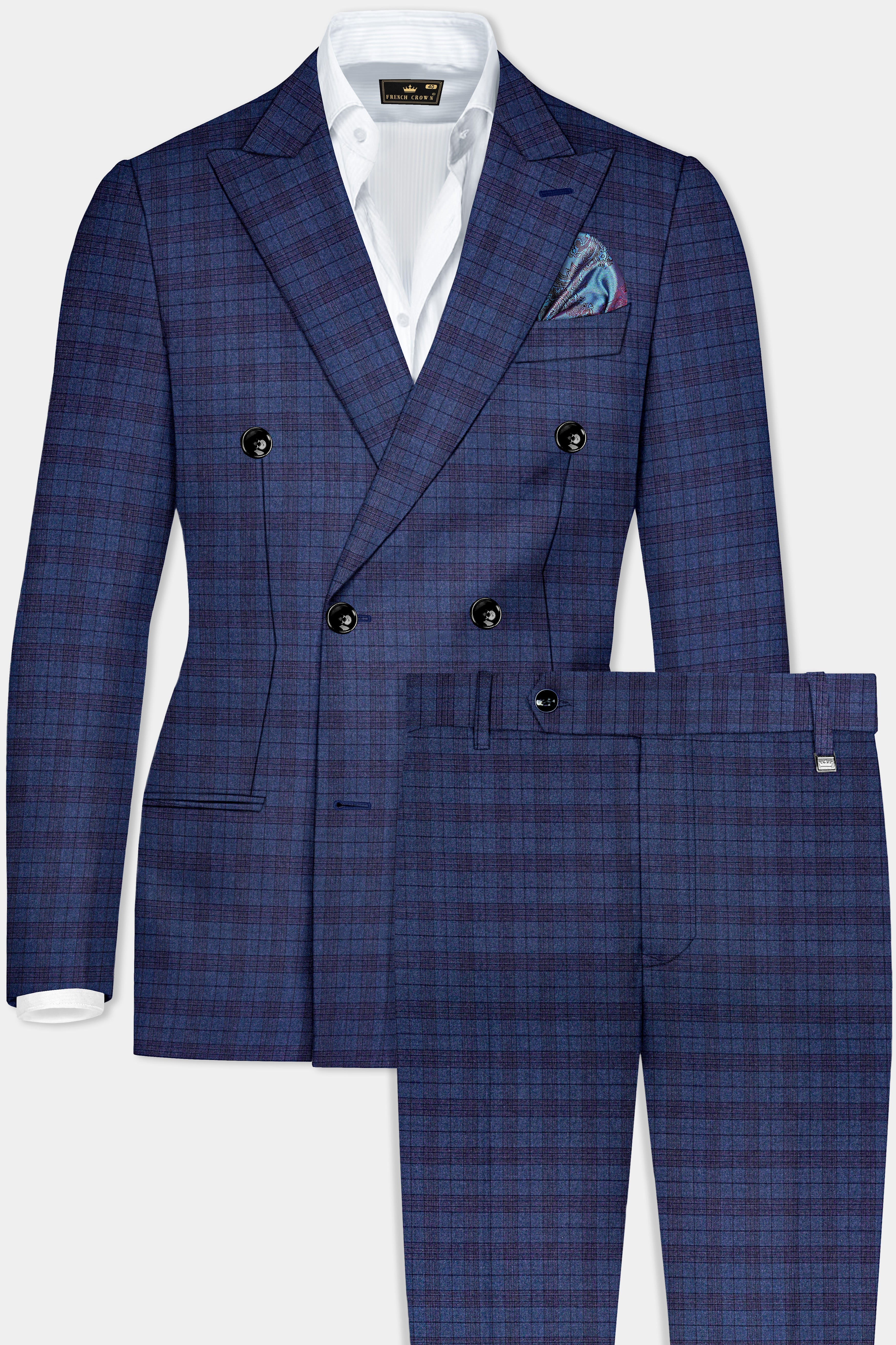 Martinique Blue Plaid Wool Blend Double Breasted Suit