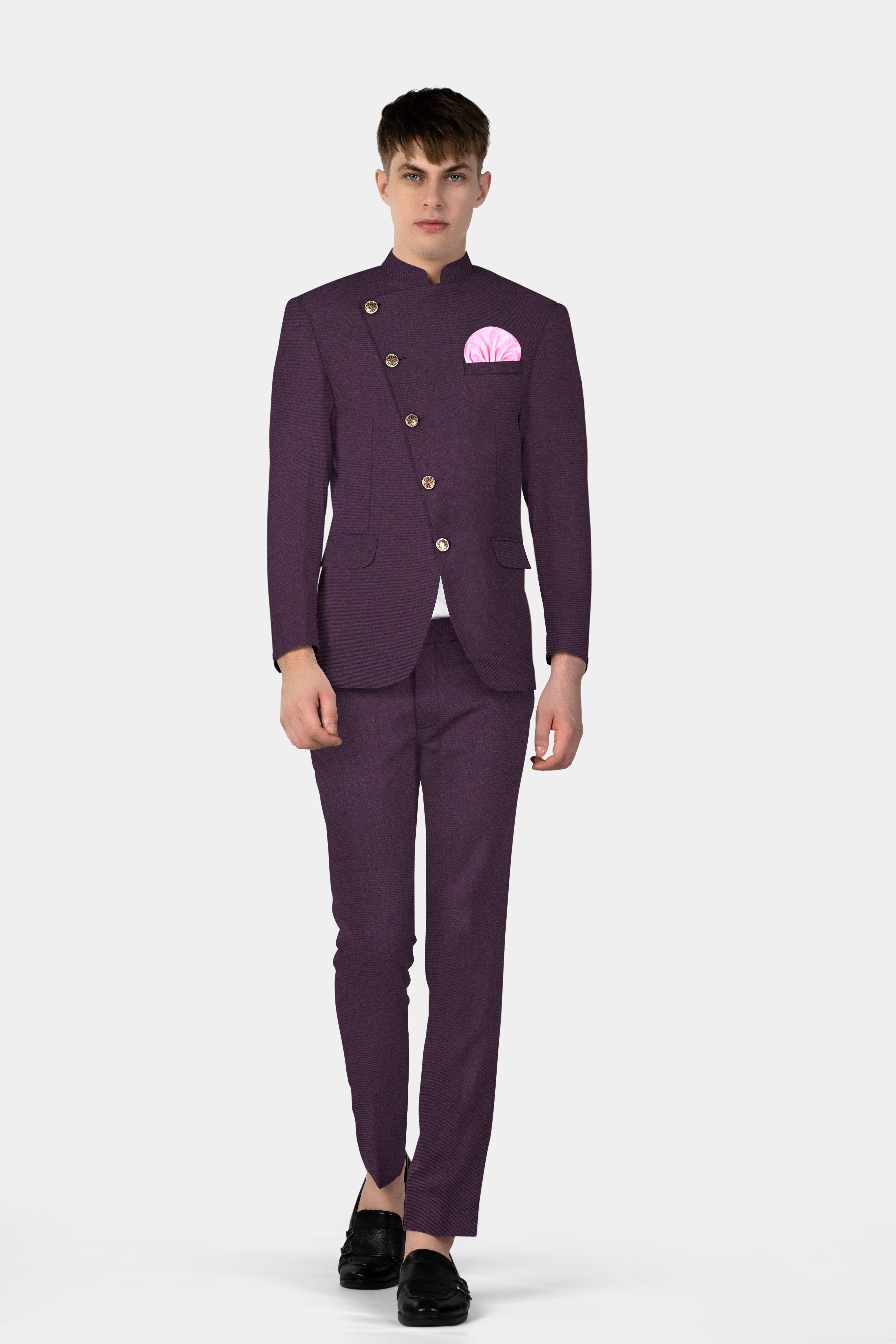 Eminence Purple Solid Wool Blend Cross Placket Bandhgala Suit