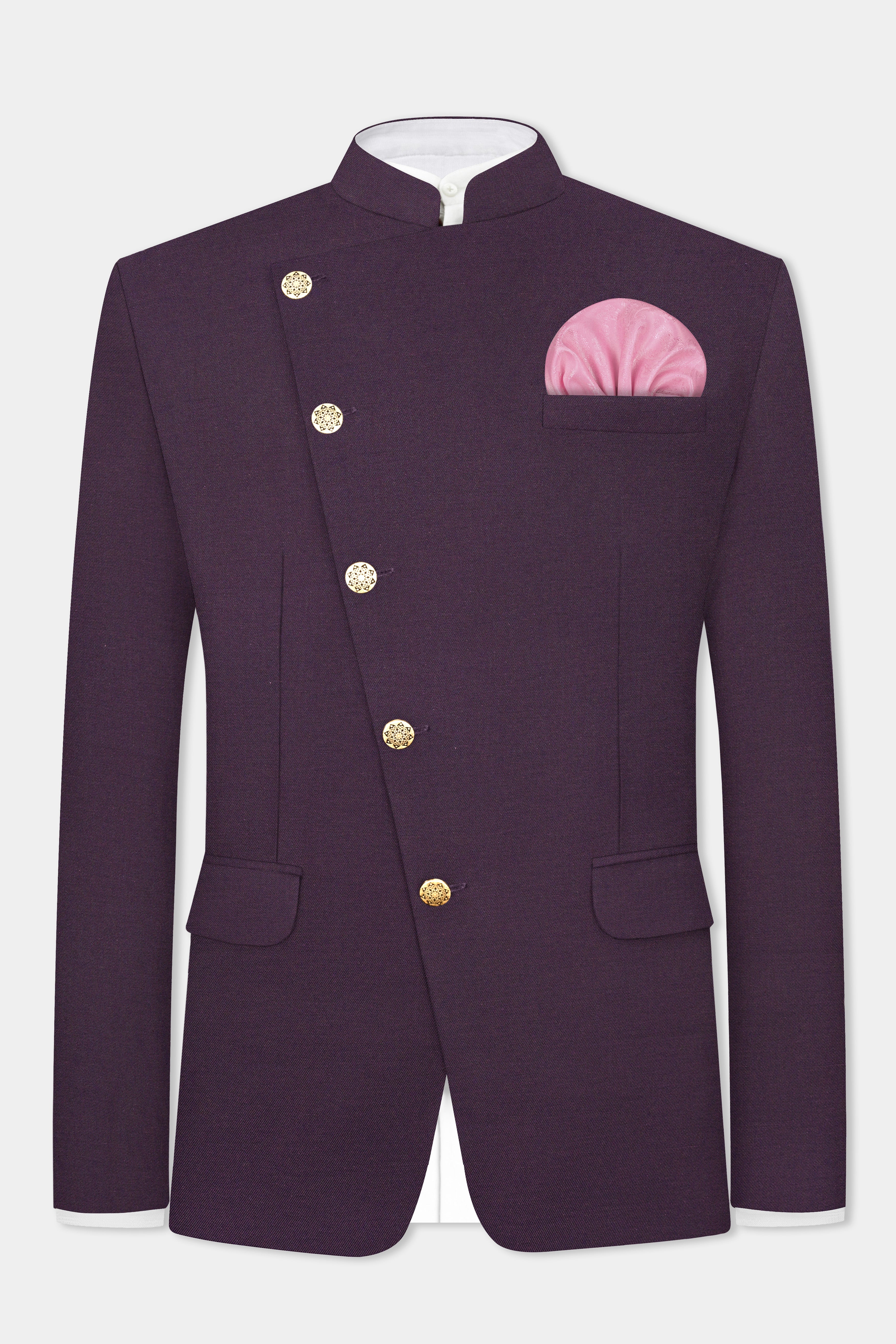 Eminence Purple Solid Wool Blend Cross Placket Bandhgala Suit