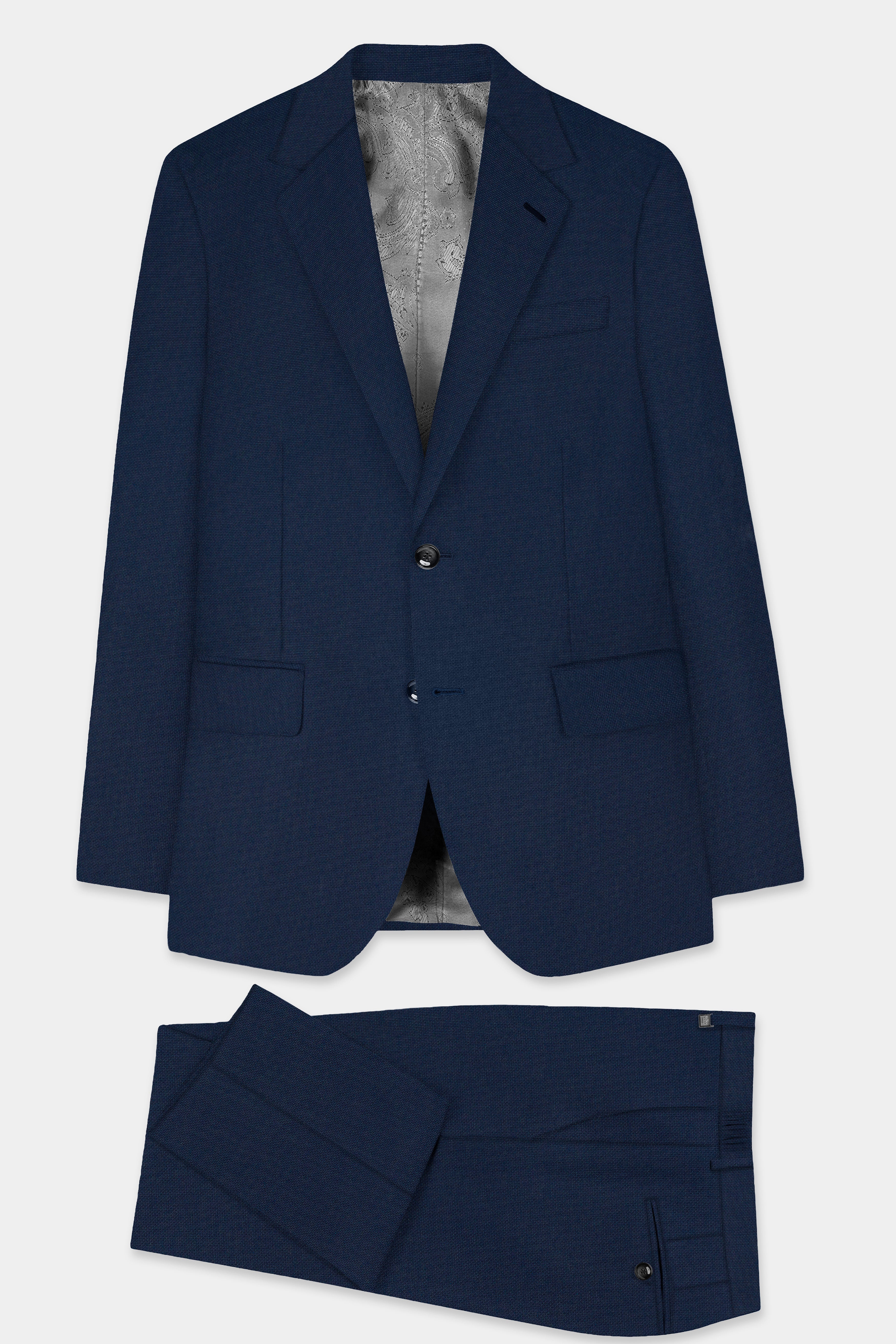 Big Stone Blue Textured Wool Blend Single Breasted Suit