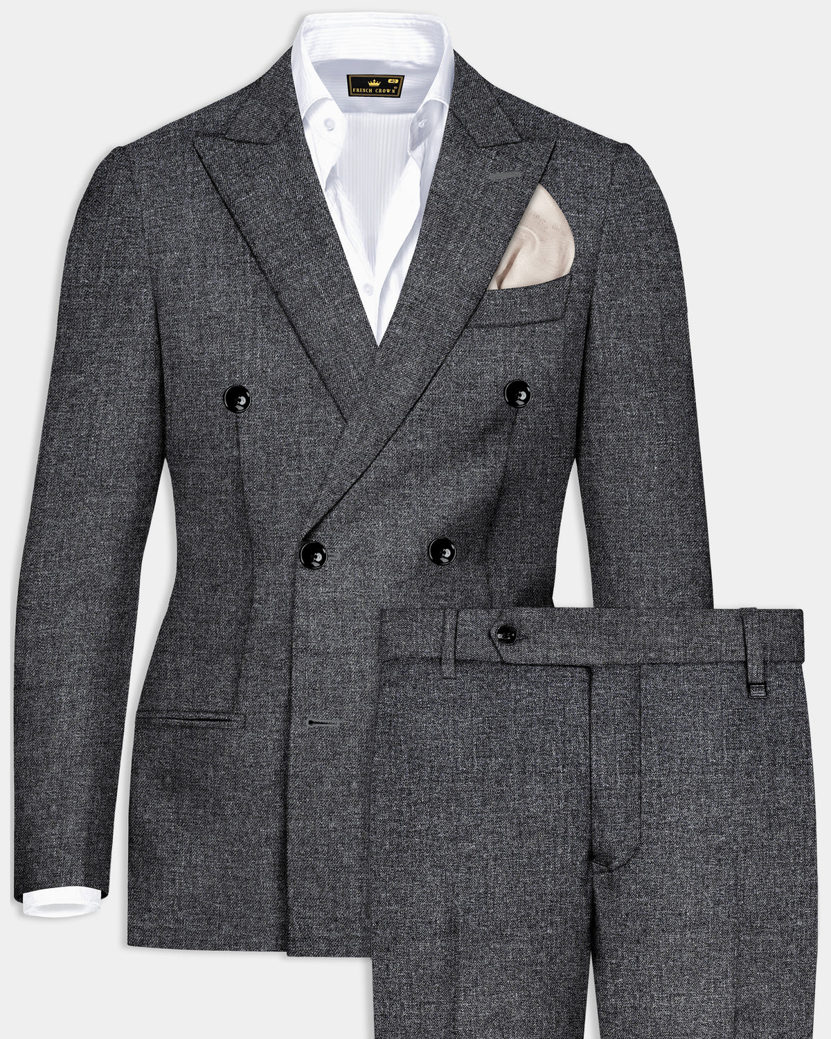 Vampire Gray Textured Premium Wool Blend Double Breasted Suit For Men.