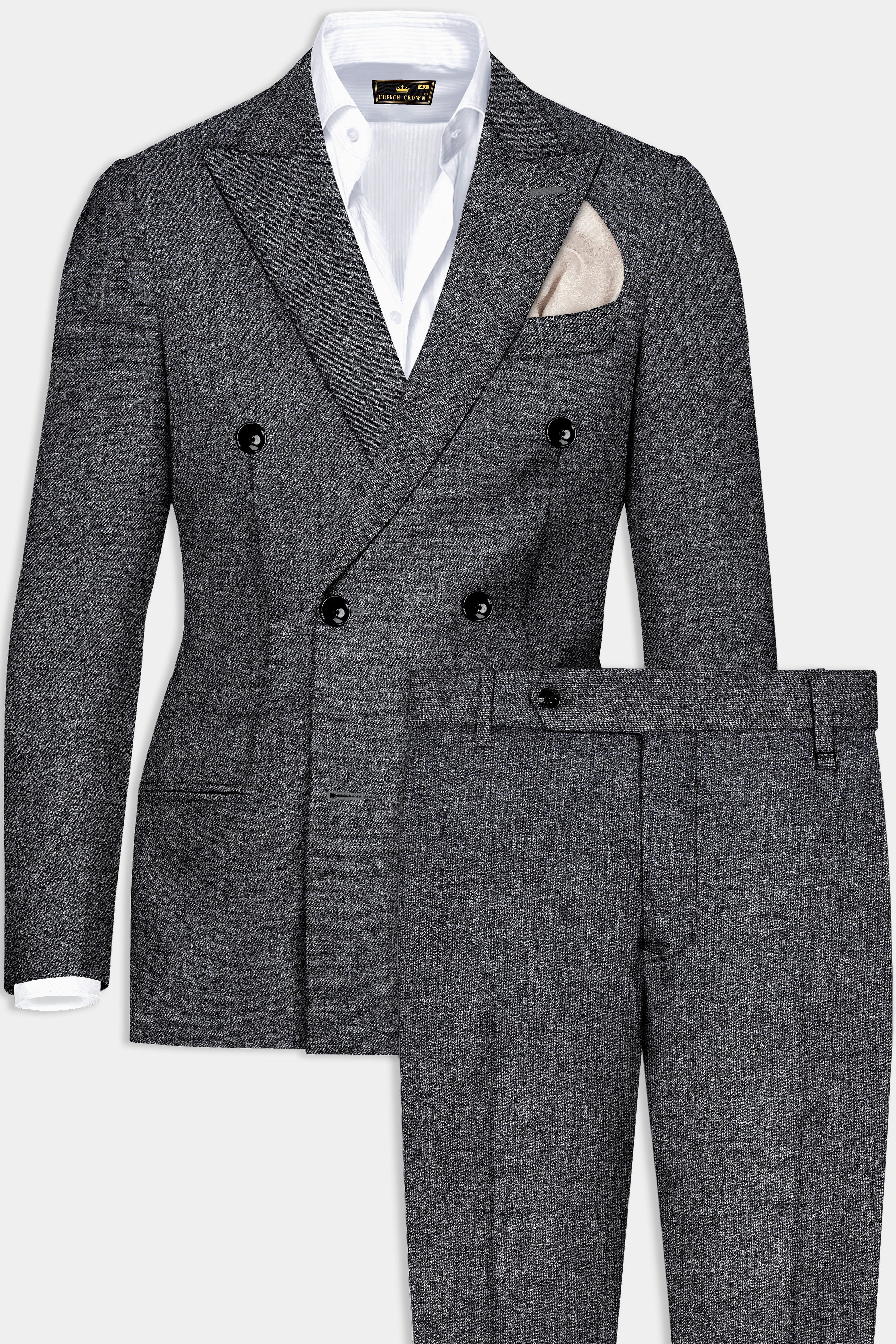 Vampire Gray Textured Wool Blend Flannel Double Breasted Suit