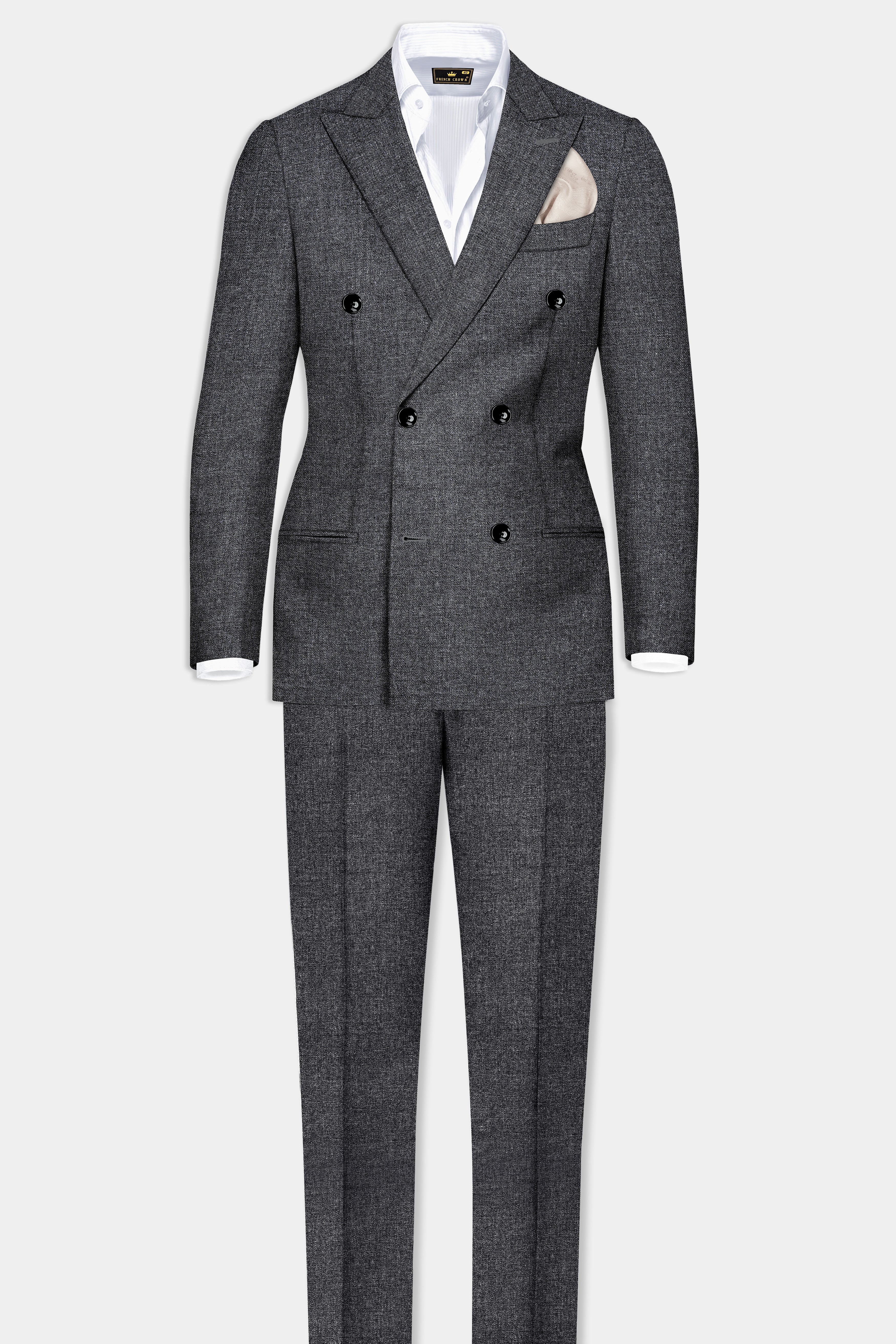 Vampire Gray Textured Wool Blend Flannel Double Breasted Suit