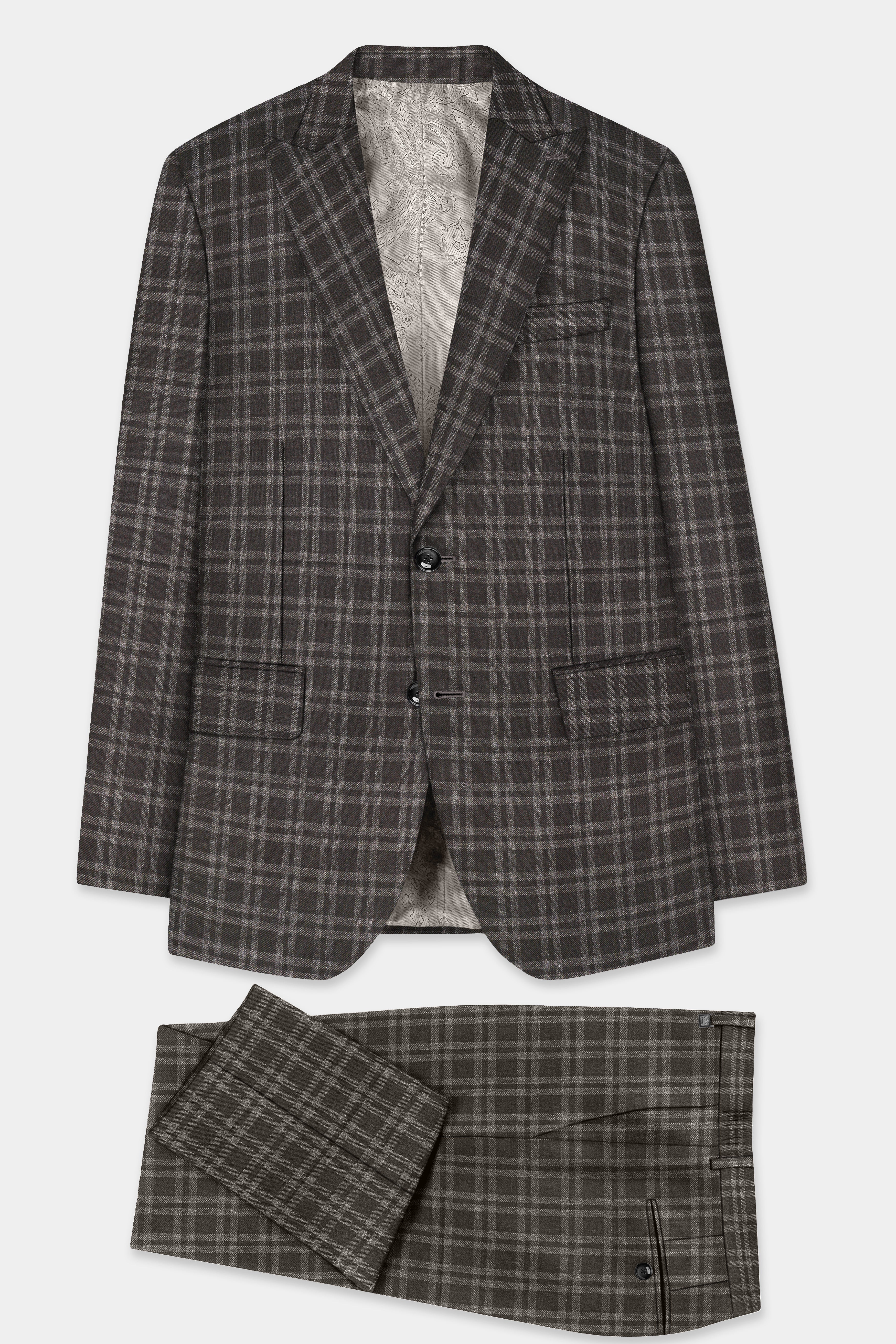 Espresso Brown Plaid Wool Blend Single Breasted Suit