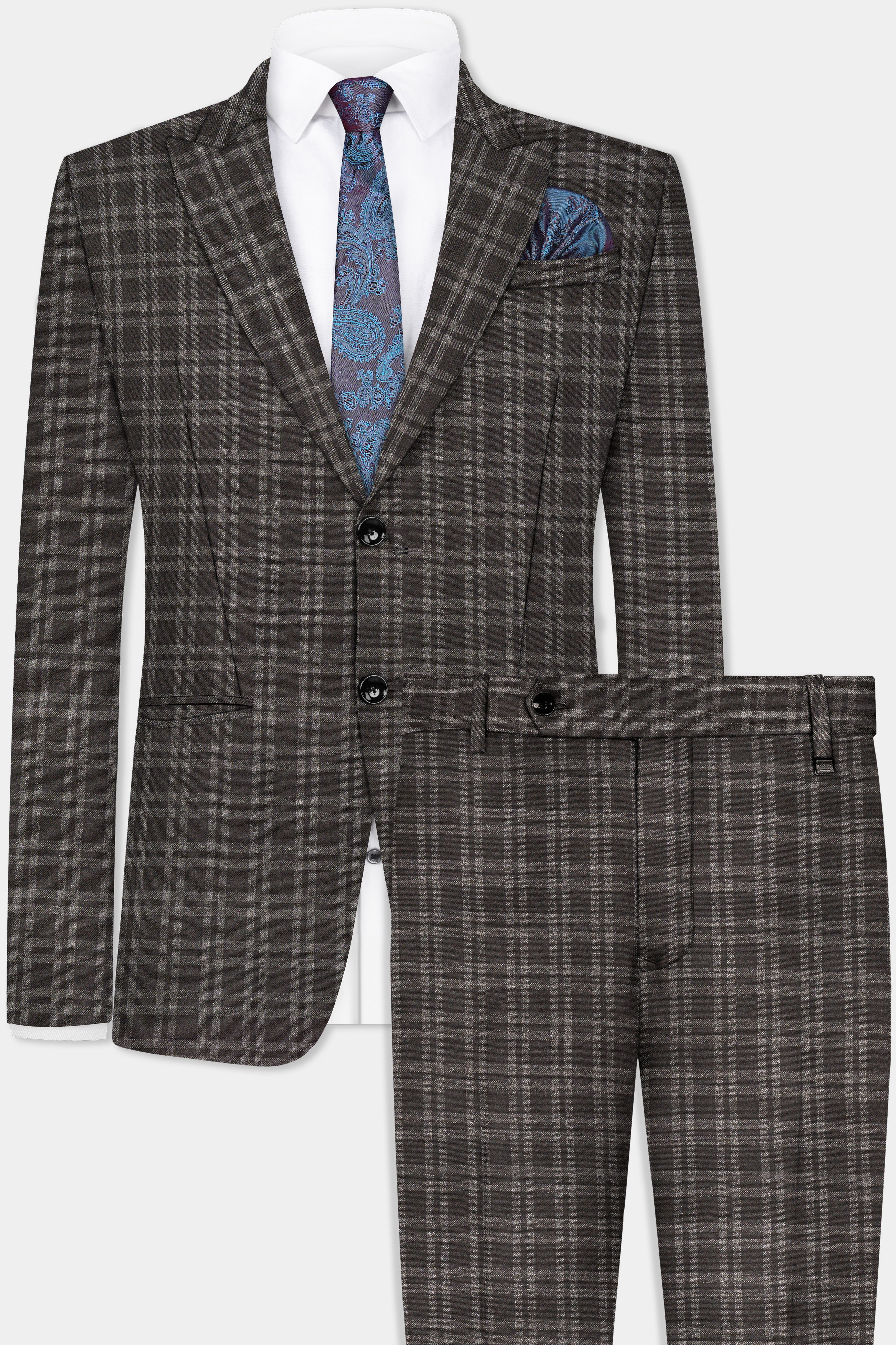 Espresso Brown Plaid Wool Blend Single Breasted Suit