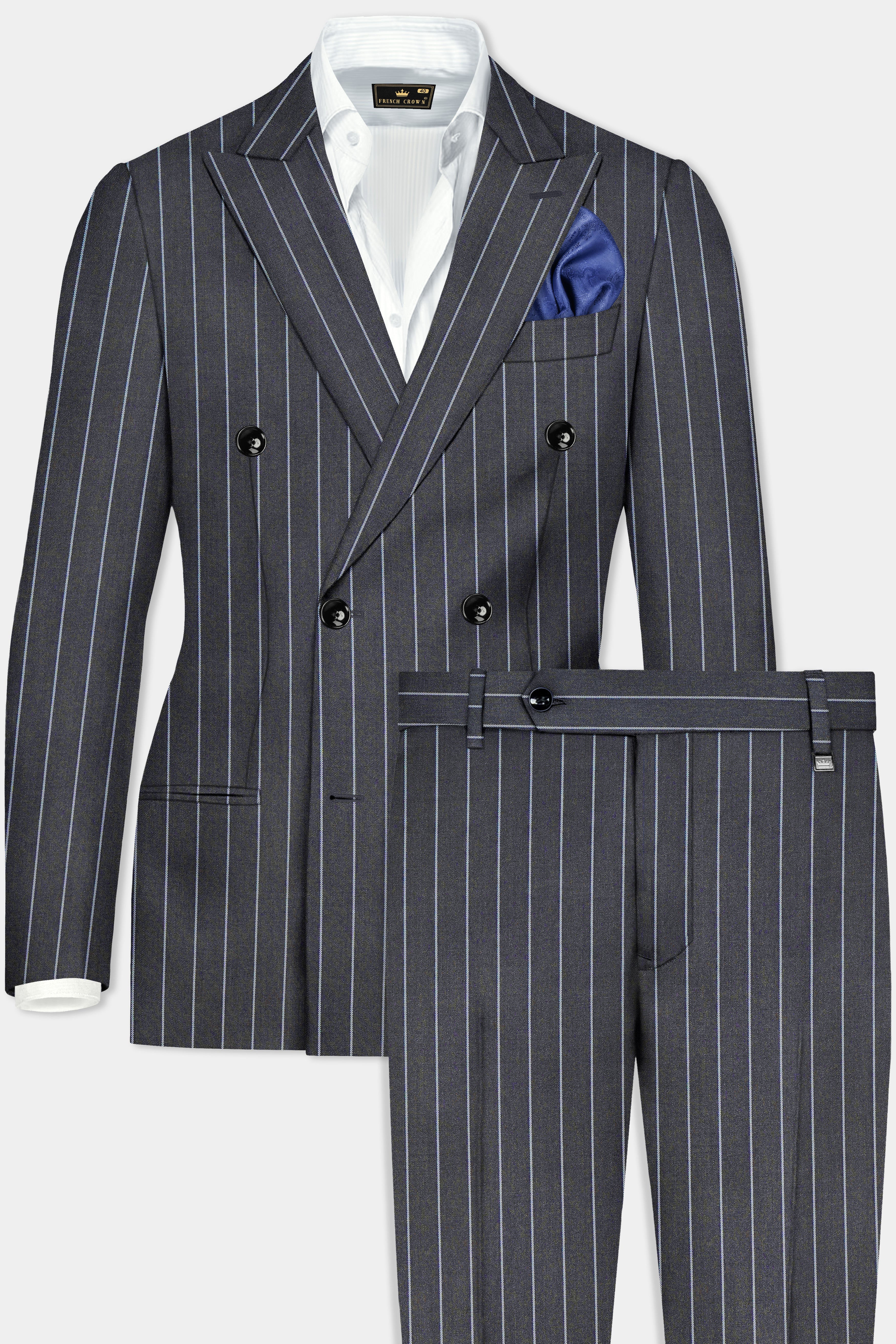 Piano Gray Striped Wool Blend Double Breasted Suit