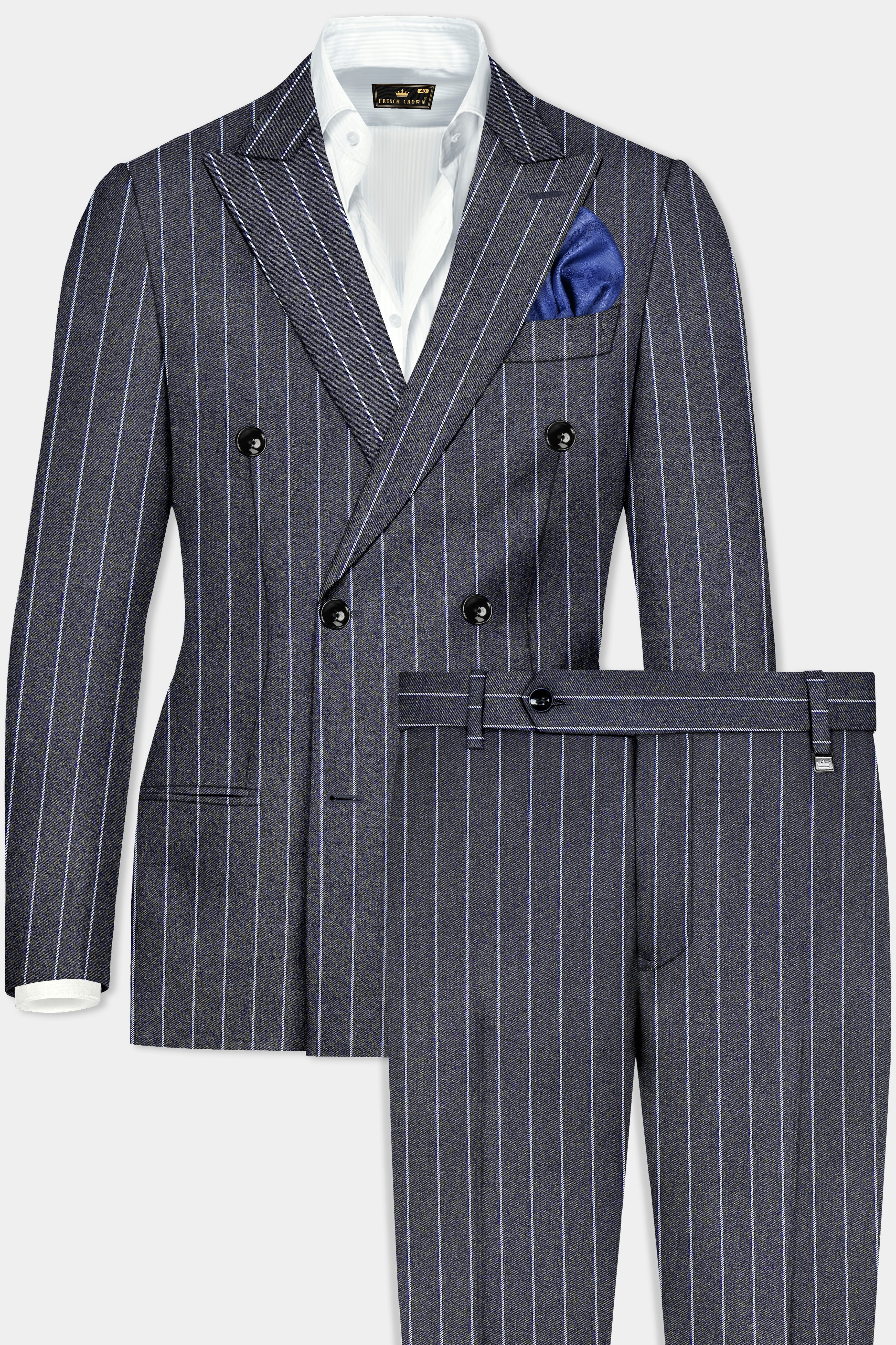 Piano Gray Striped Wool Blend Double Breasted Suit