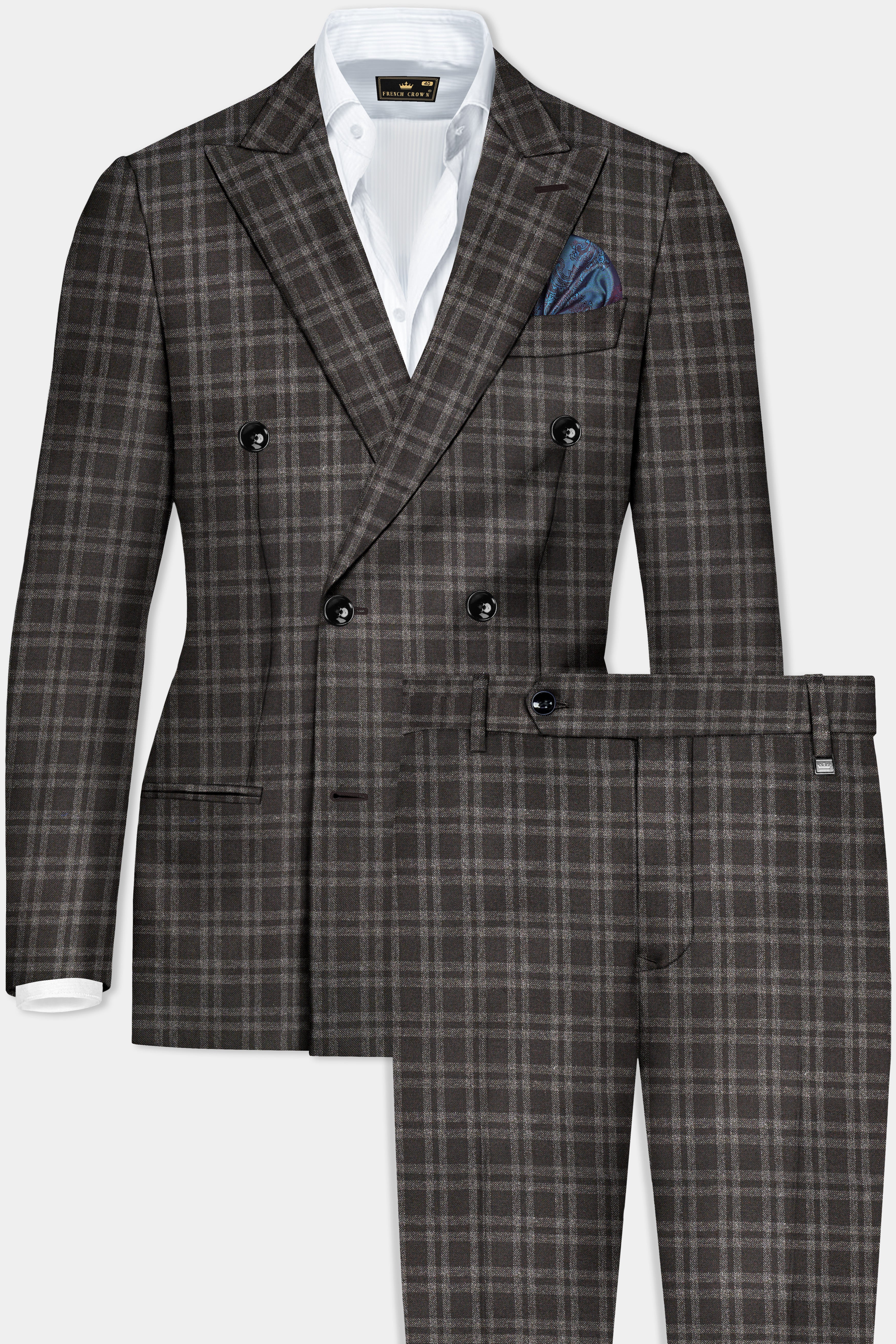 Espresso Brown Plaid Wool Blend Double Breasted Suit