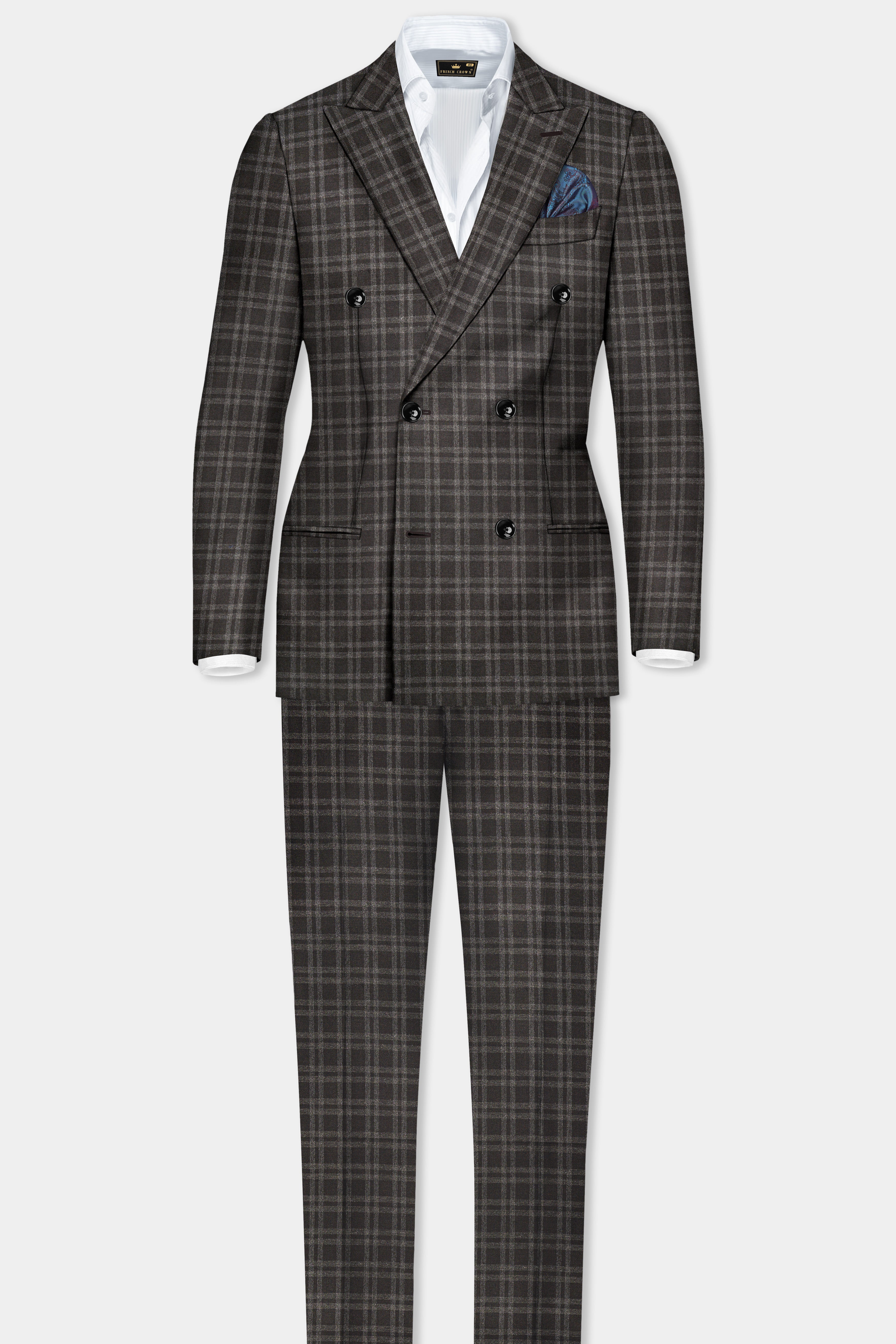 Espresso Brown Plaid Wool Blend Double Breasted Suit