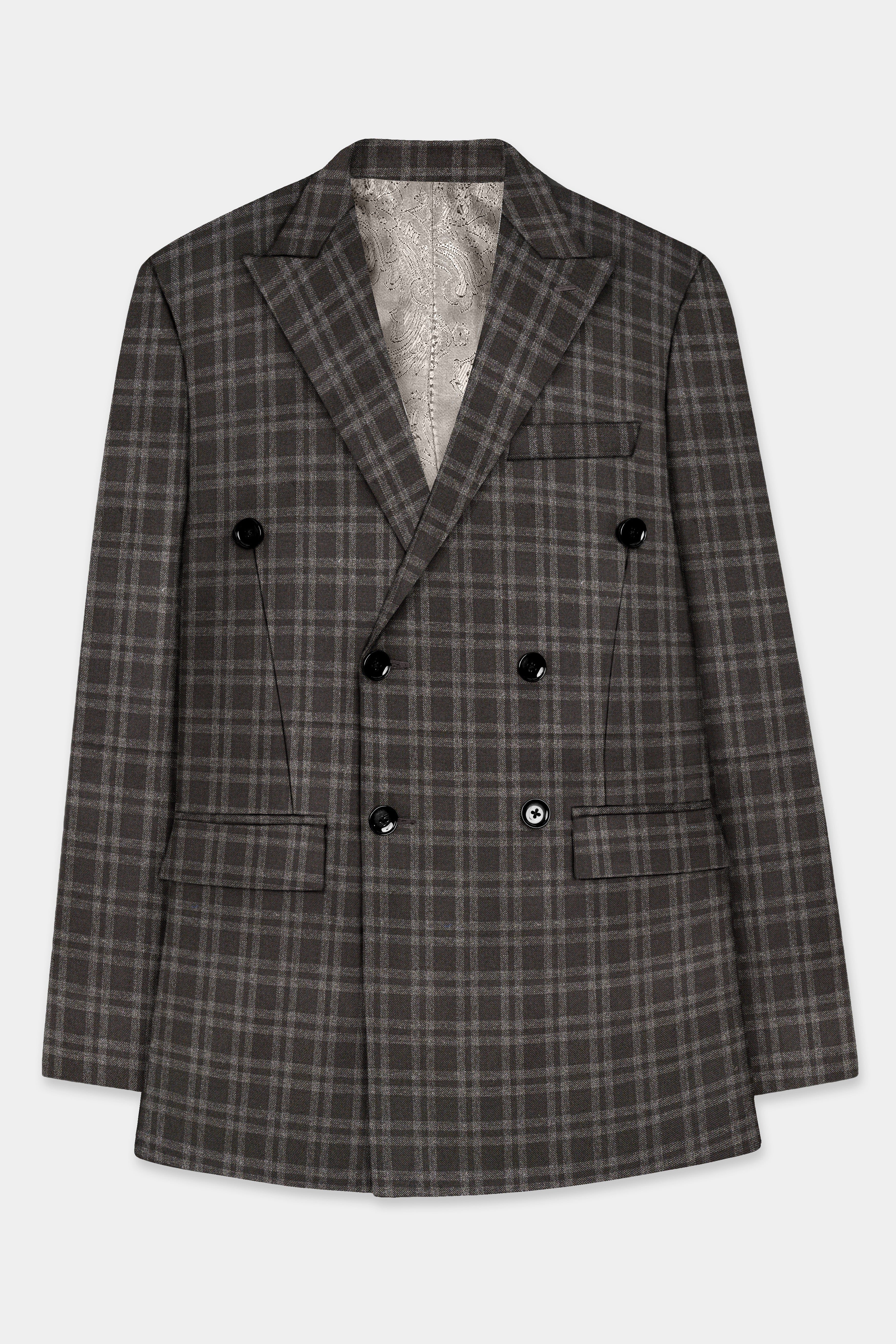 Espresso Brown Plaid Wool Blend Double Breasted Suit