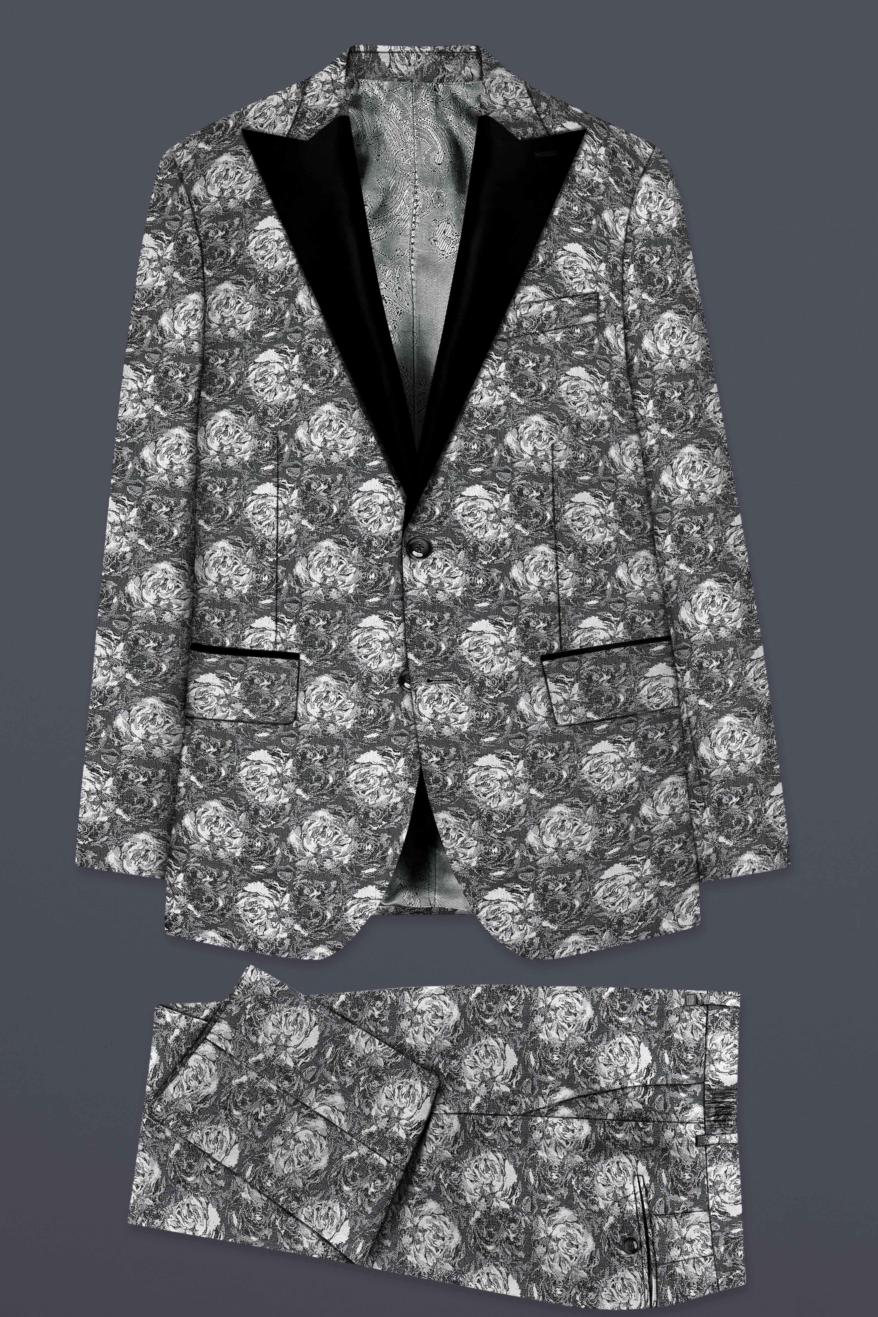 Vampire Gray Jacquard Textured Designer Peak Collar Tuxedo Suit