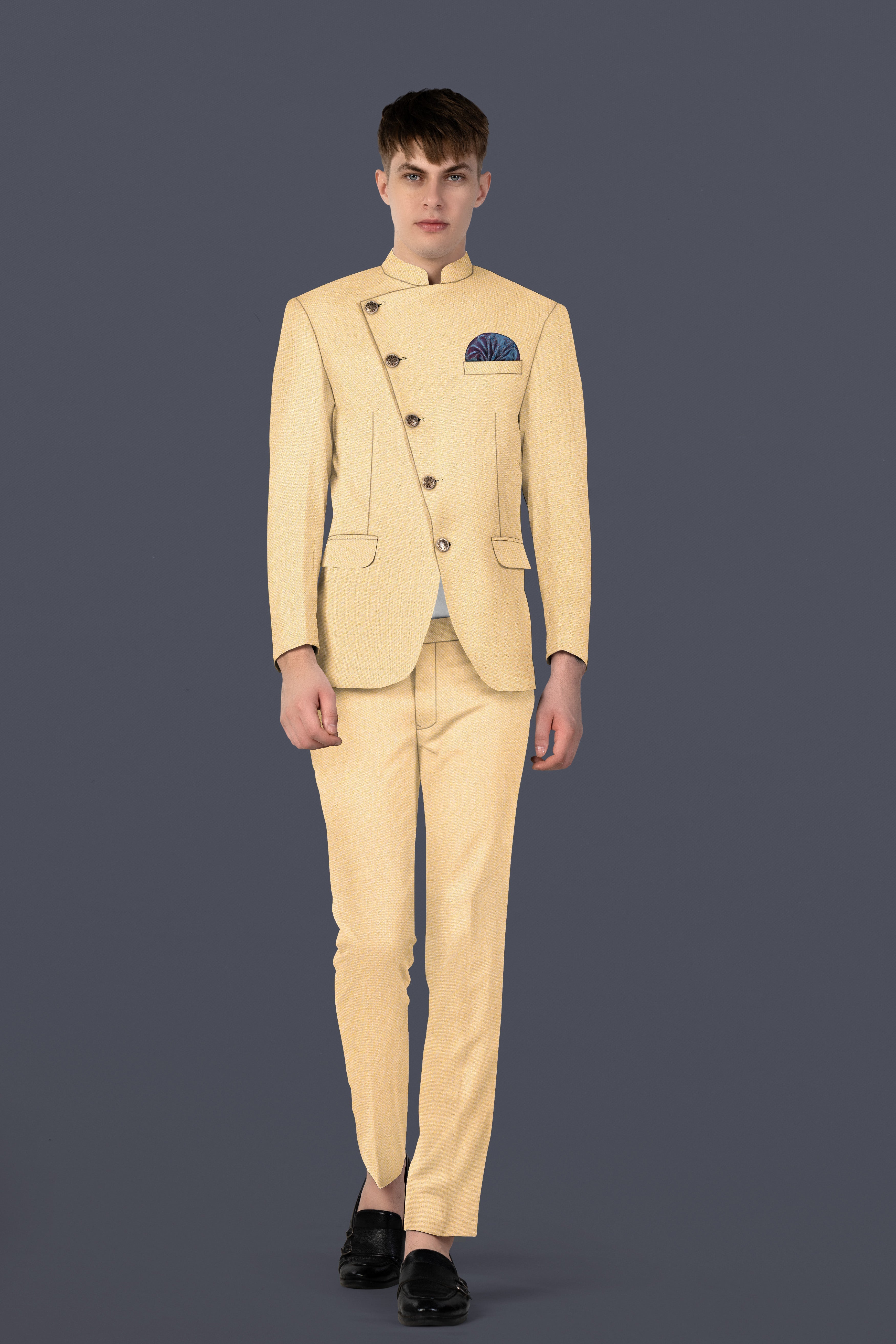 Marzipan Cream Textured Wool Blend Cross Placket Bandhgala Suit