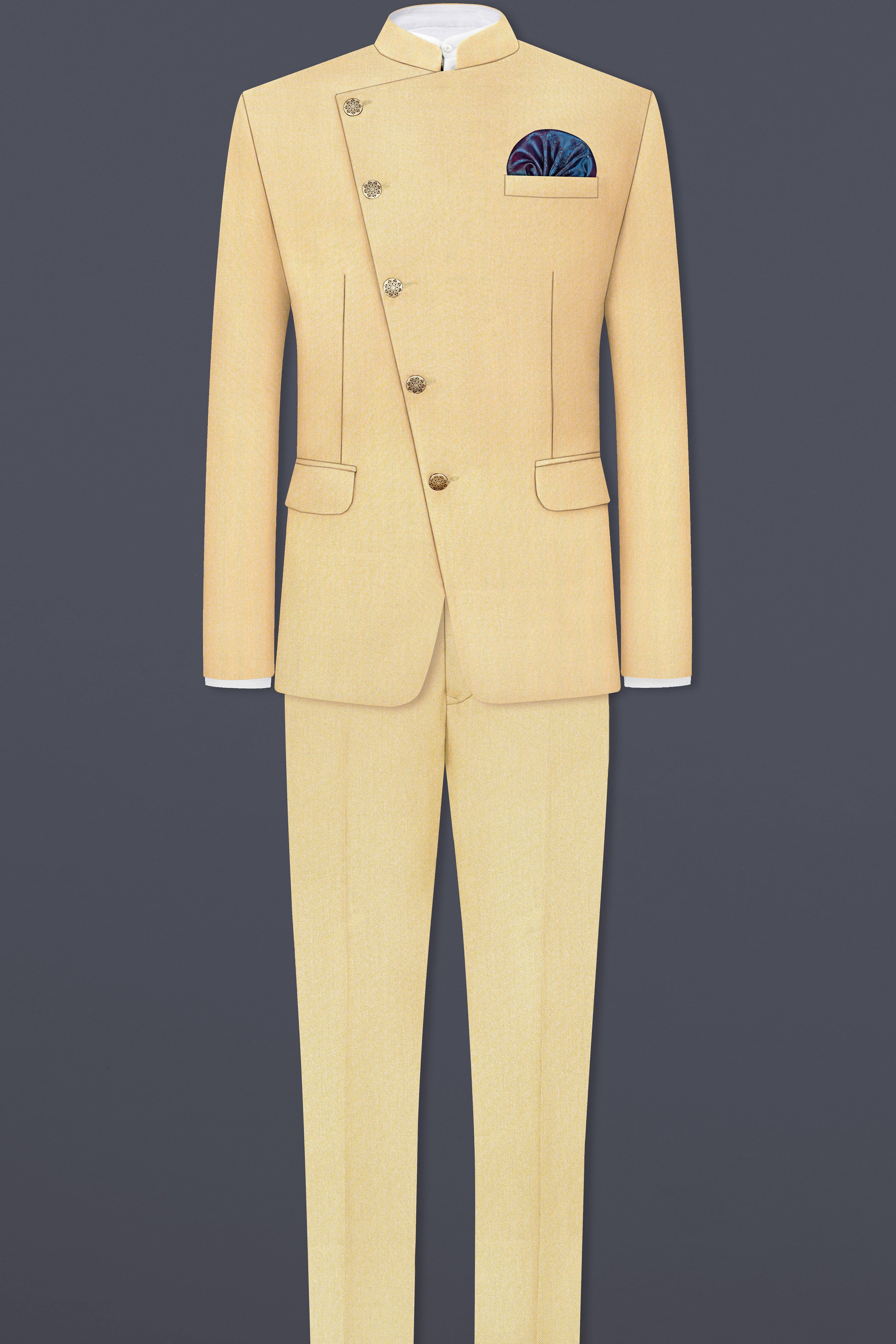 Marzipan Cream Textured Wool Blend Cross Placket Bandhgala Suit