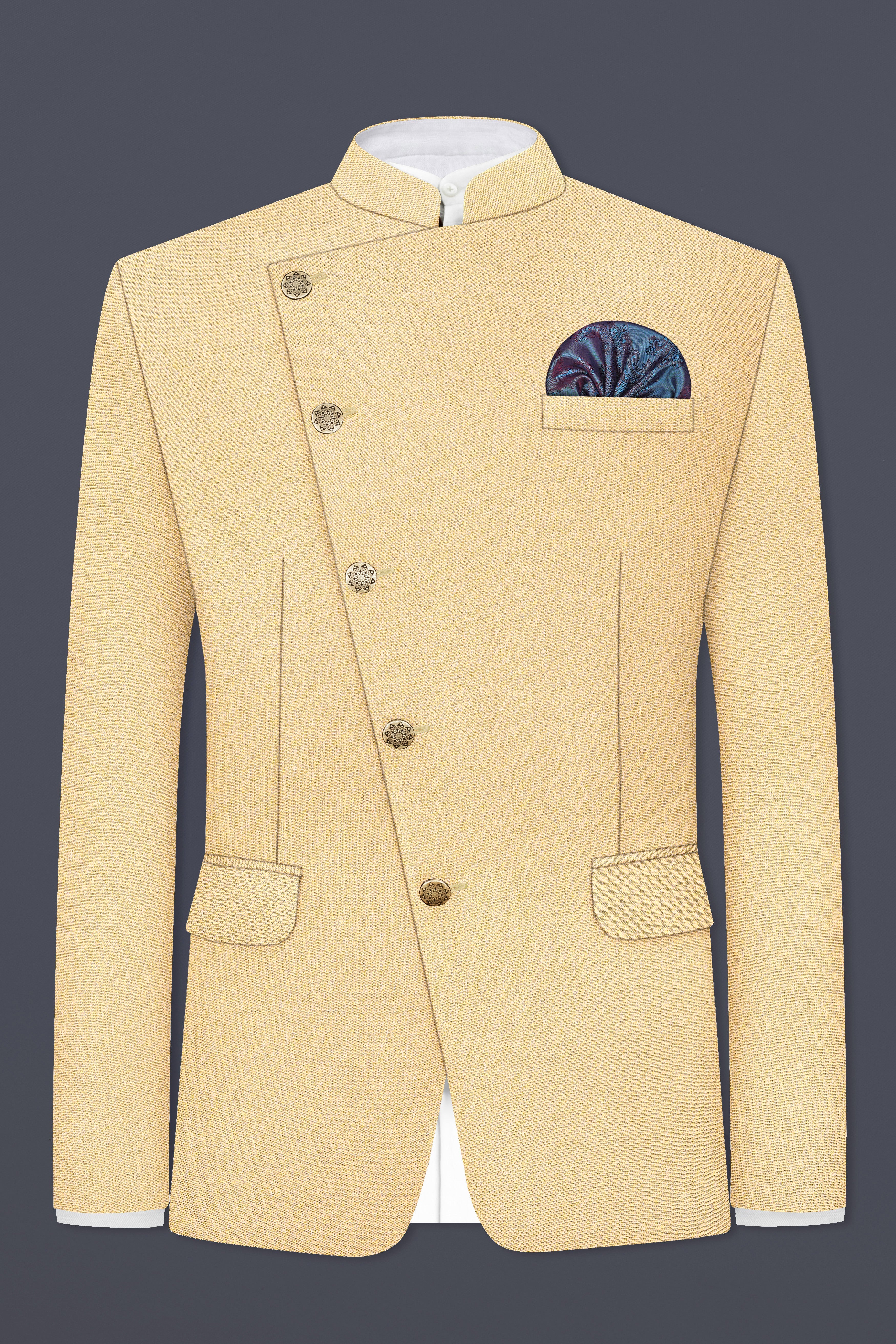 Marzipan Cream Textured Wool Blend Cross Placket Bandhgala Suit