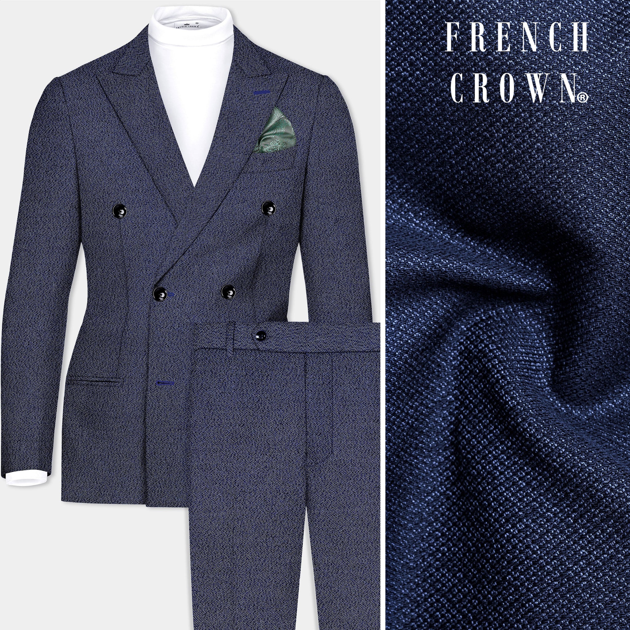 Ebony Clay Blue Textured Premium Wool Blend Double Breasted Suit For Men.