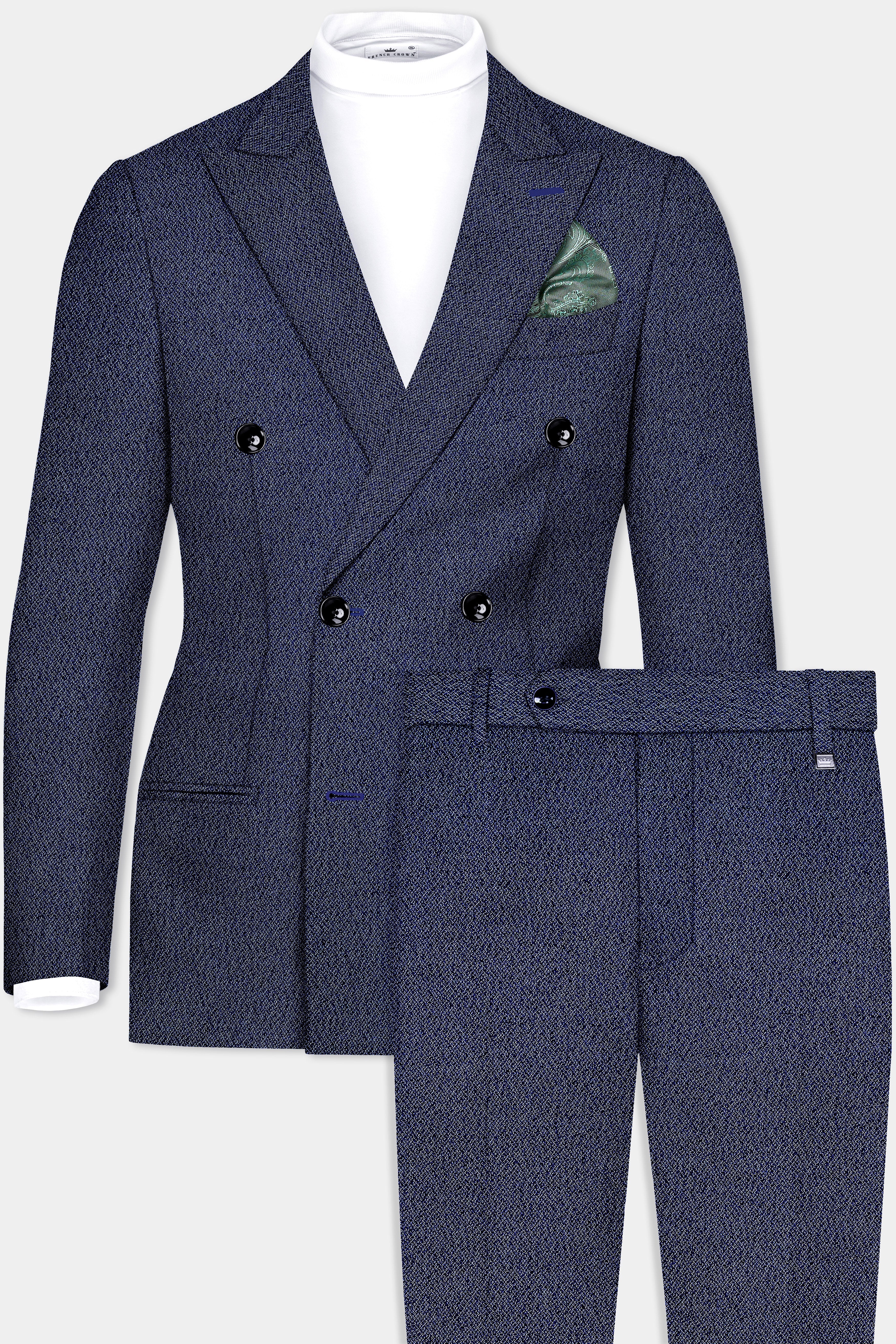 Ebony Clay Blue Textured Cotton Double Breasted Suit