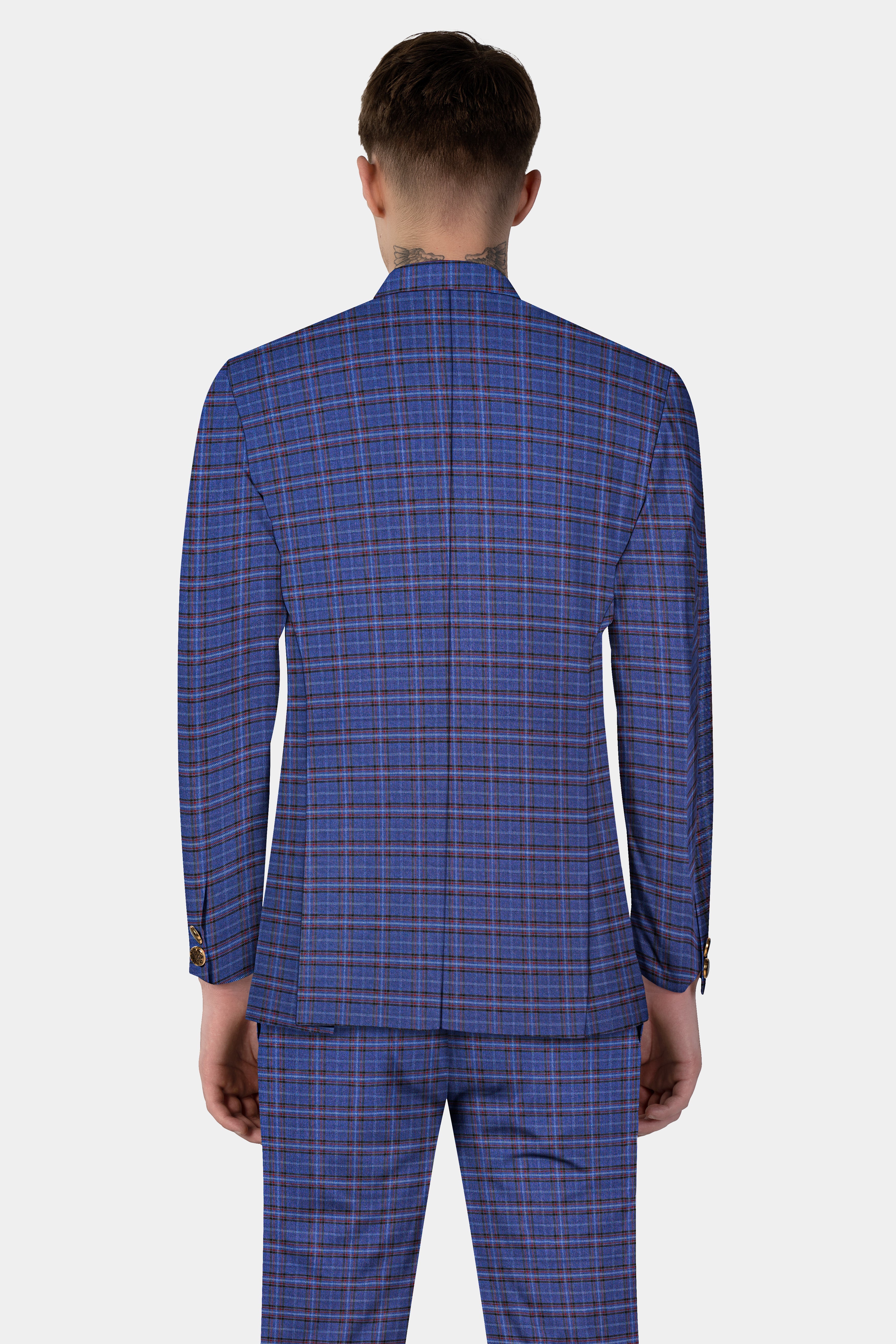 Zodiac Blue Plaid Wool Blend Bandhgala Suit