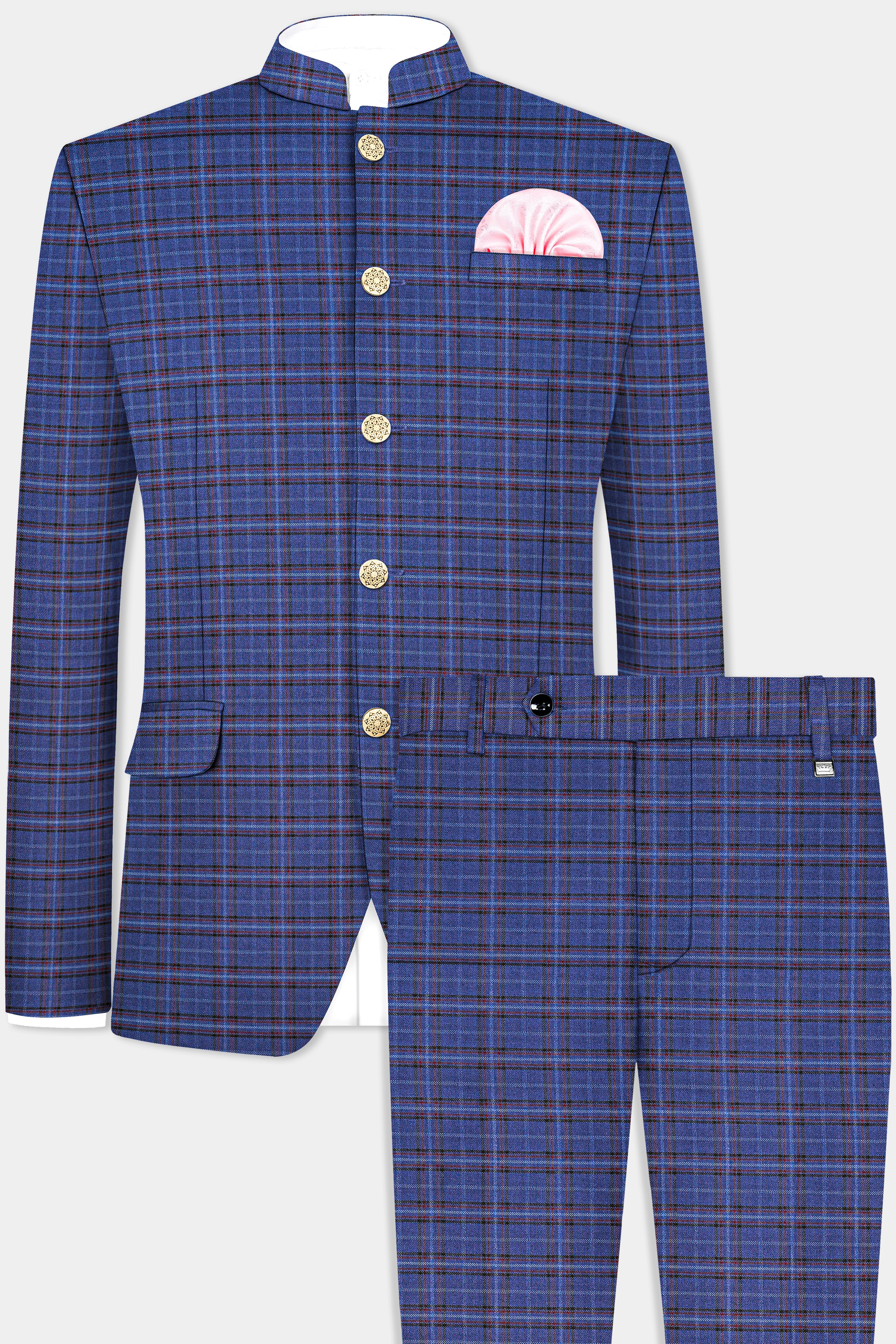 Zodiac Blue Plaid Wool Blend Bandhgala Suit