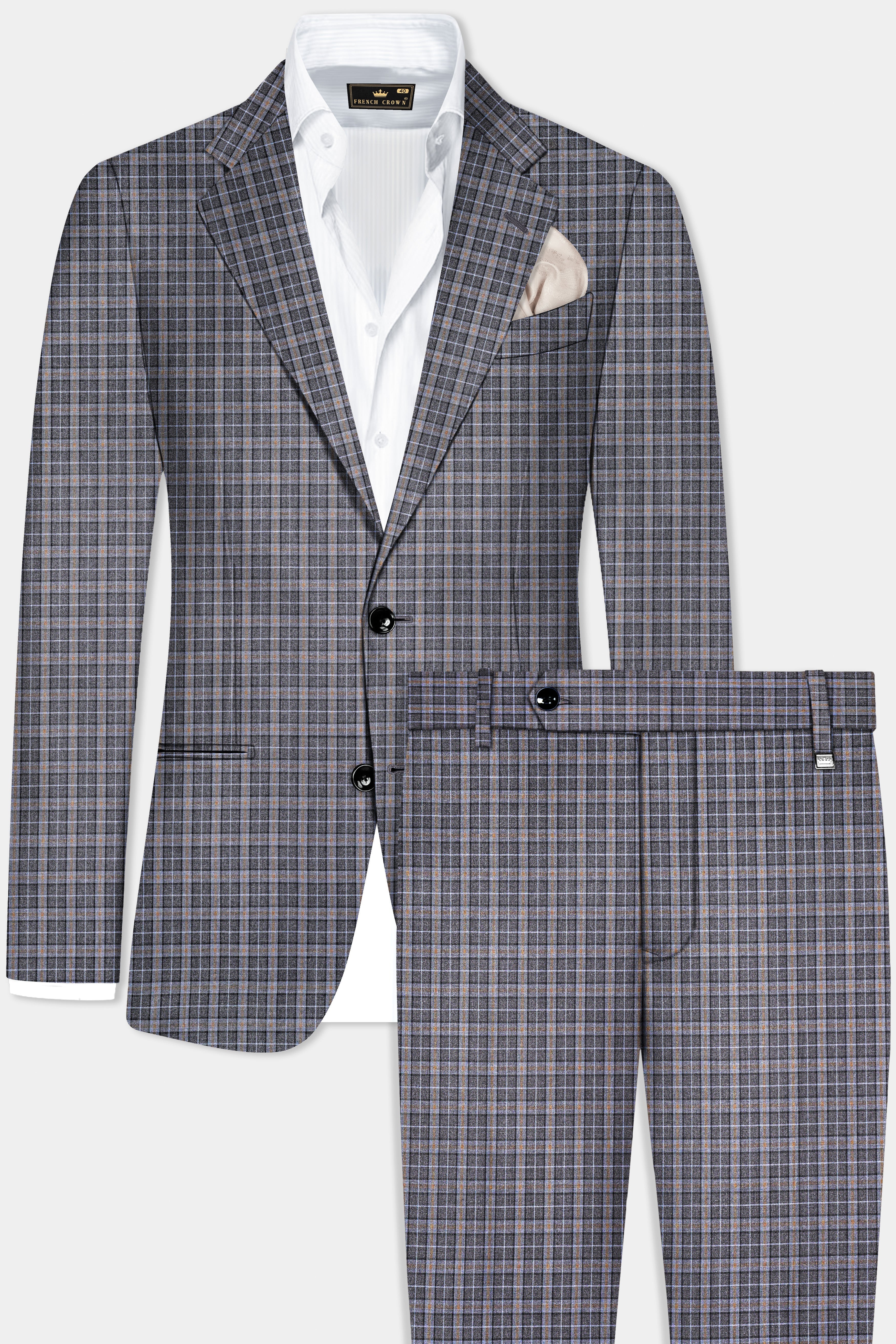 Smokey Gray Plaid Wool Blend Single Breasted Suit