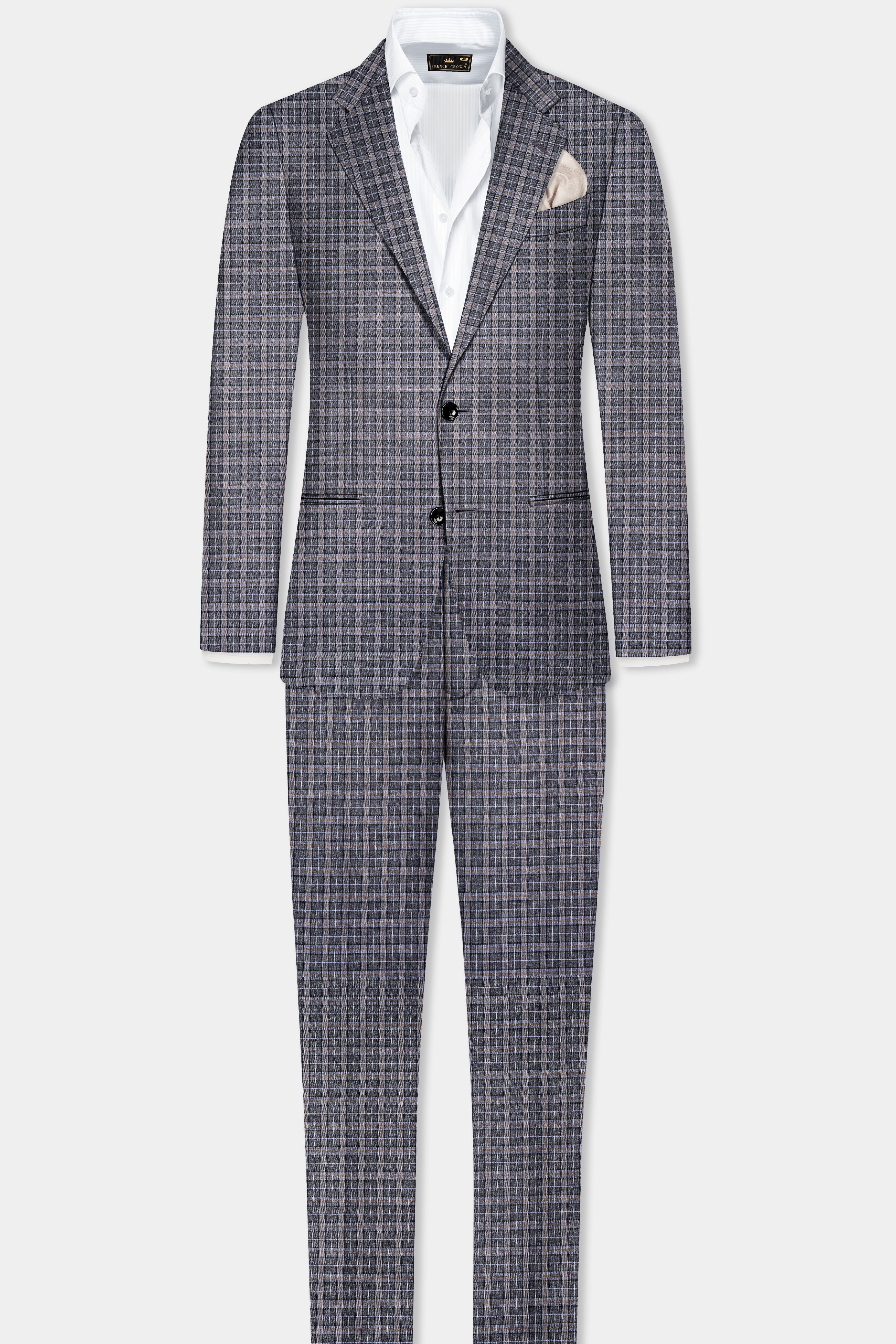 Smokey Gray Plaid Wool Blend Single Breasted Suit