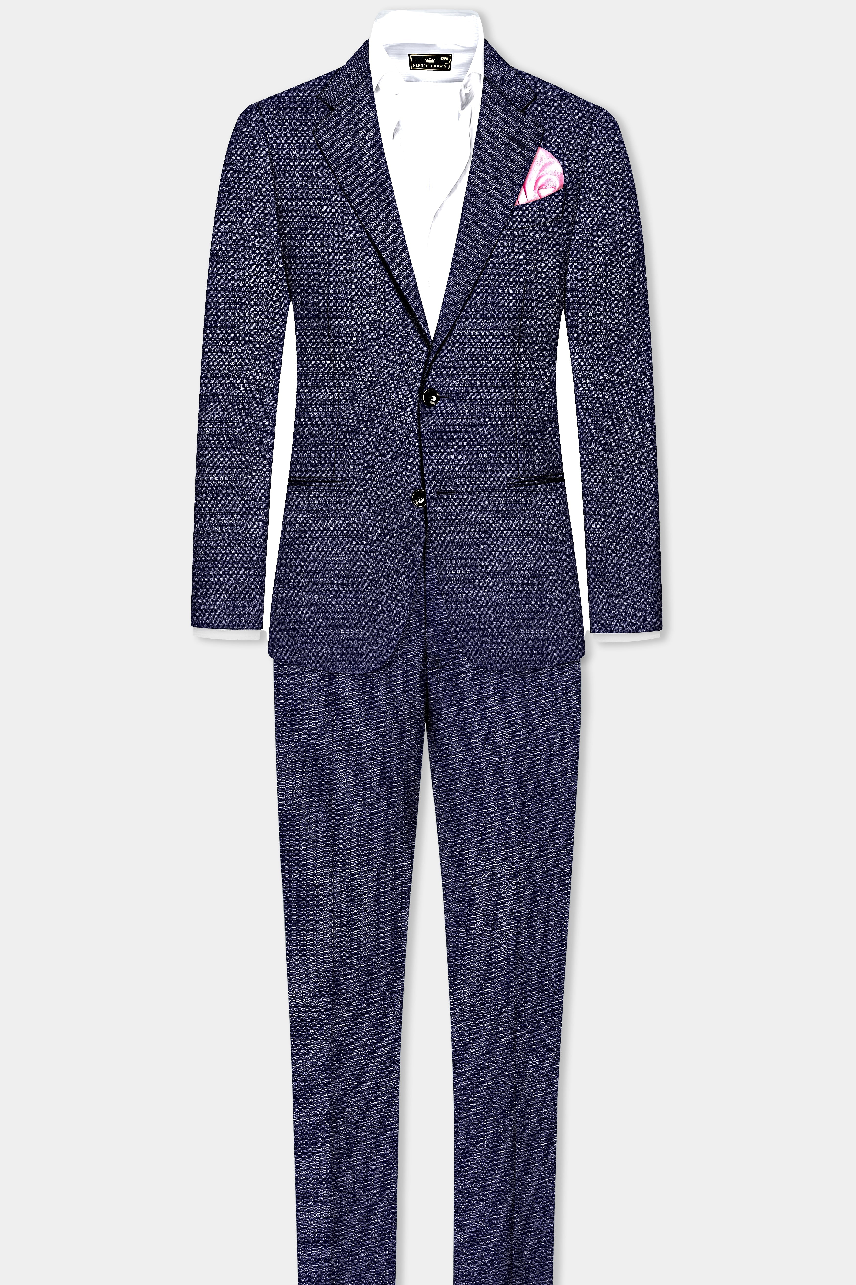 Big Stone Blue Textured Wool Blend Single Breasted Suit