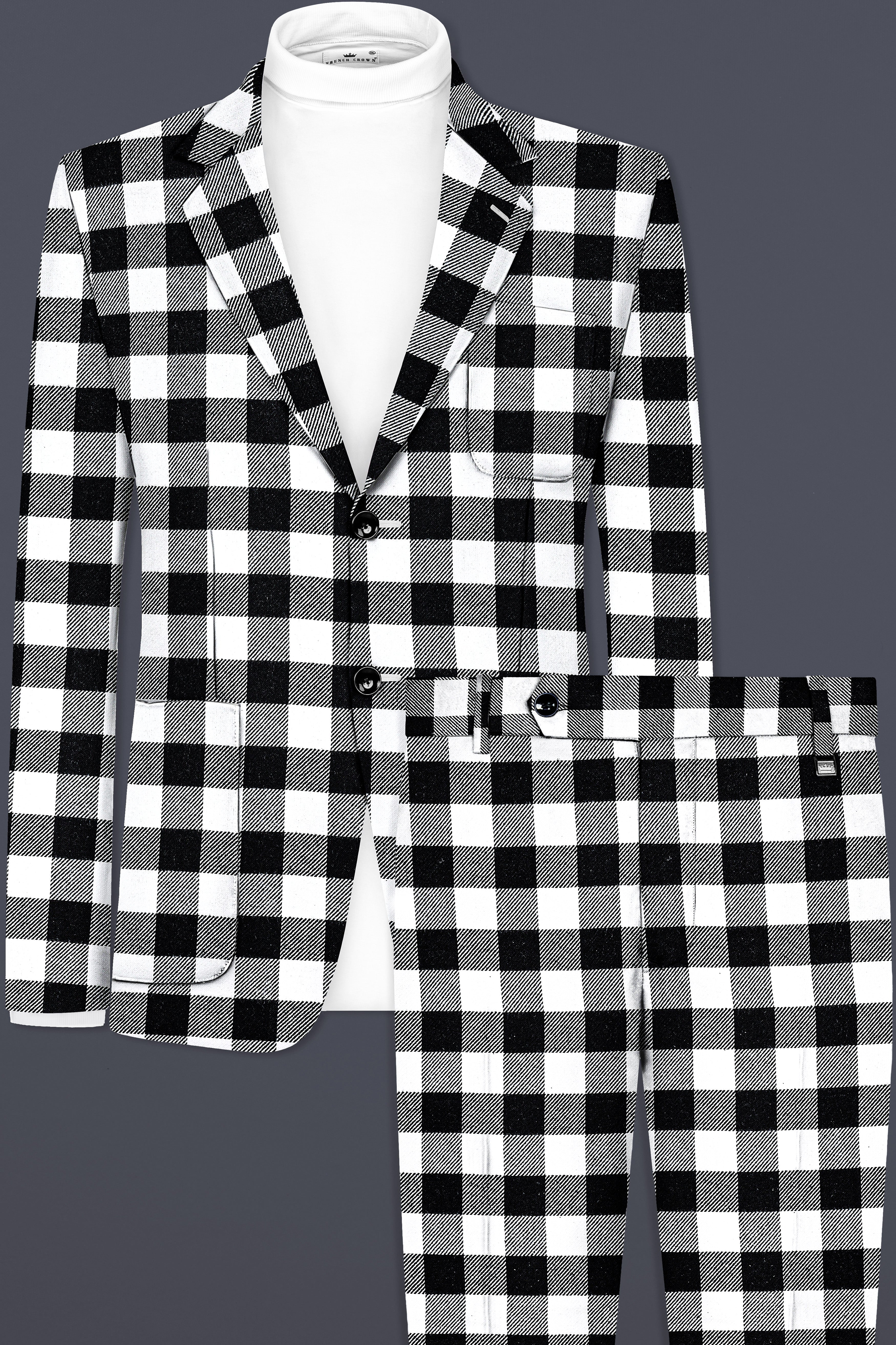 Bright White And Jade Black Checked Flannel Cotton Single Breasted Designer Suit