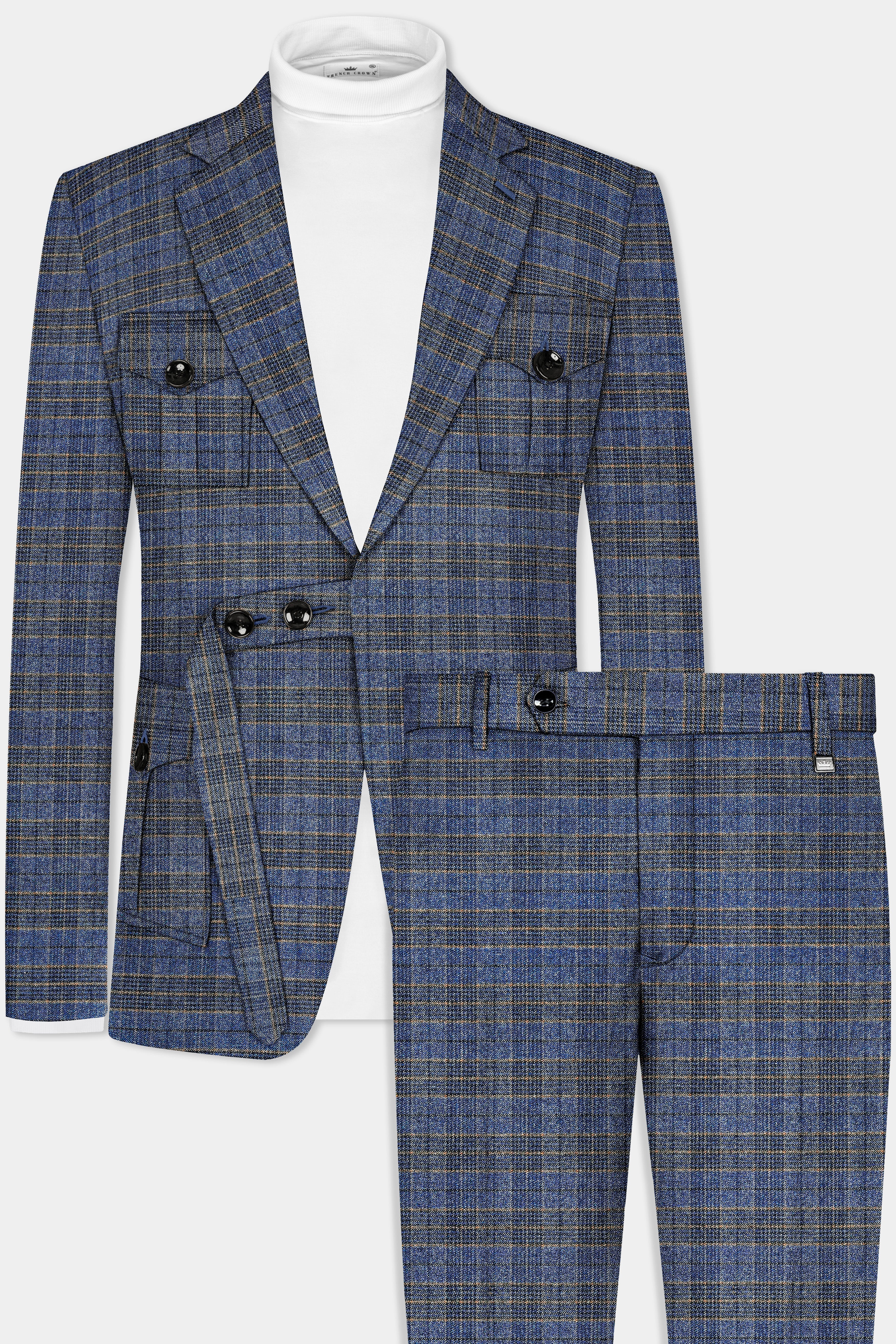 Dianne Blue Plaid Wool Blend Belt Closure Designer Suit