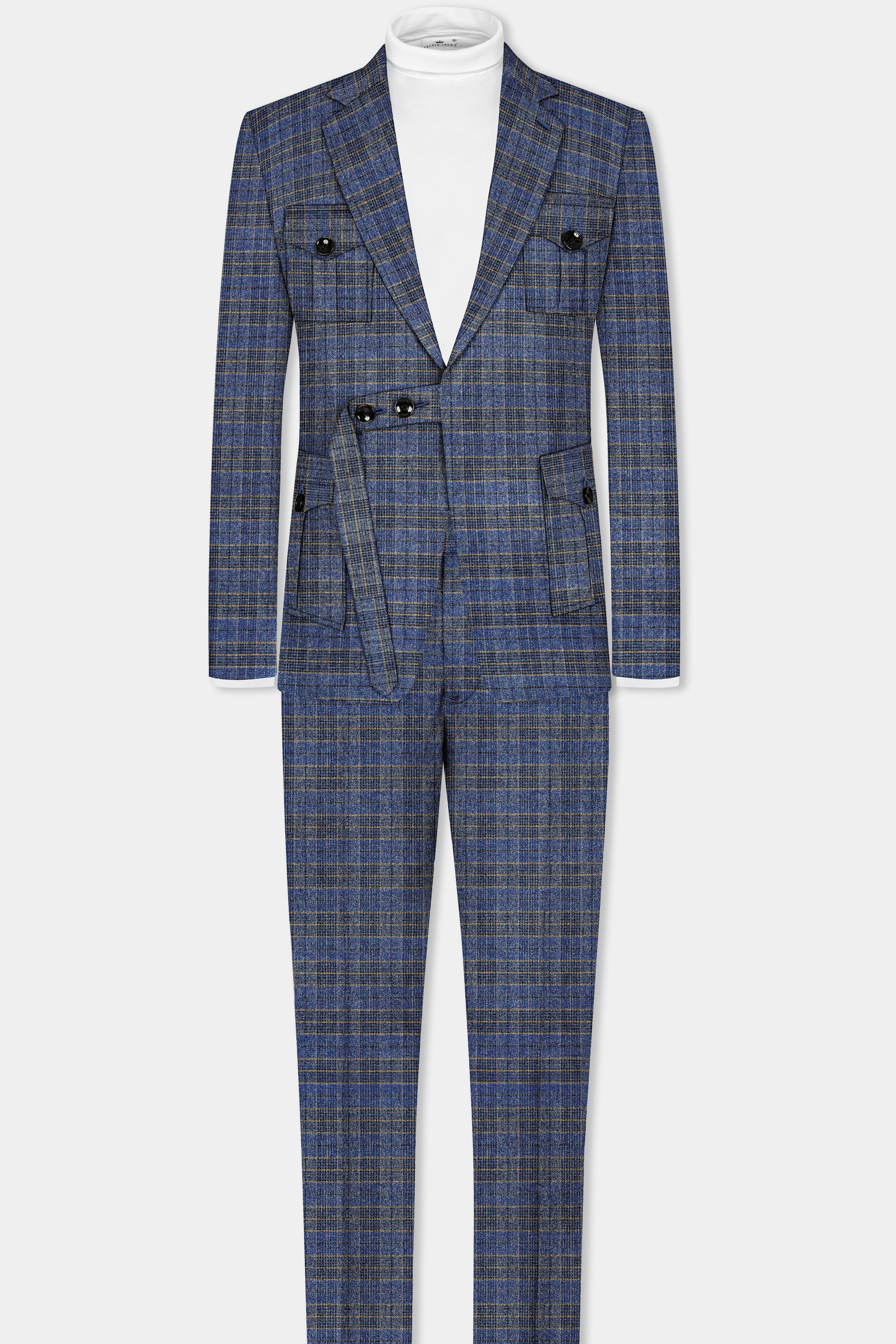 Dianne Blue Plaid Wool Blend Belt Closure Designer Suit