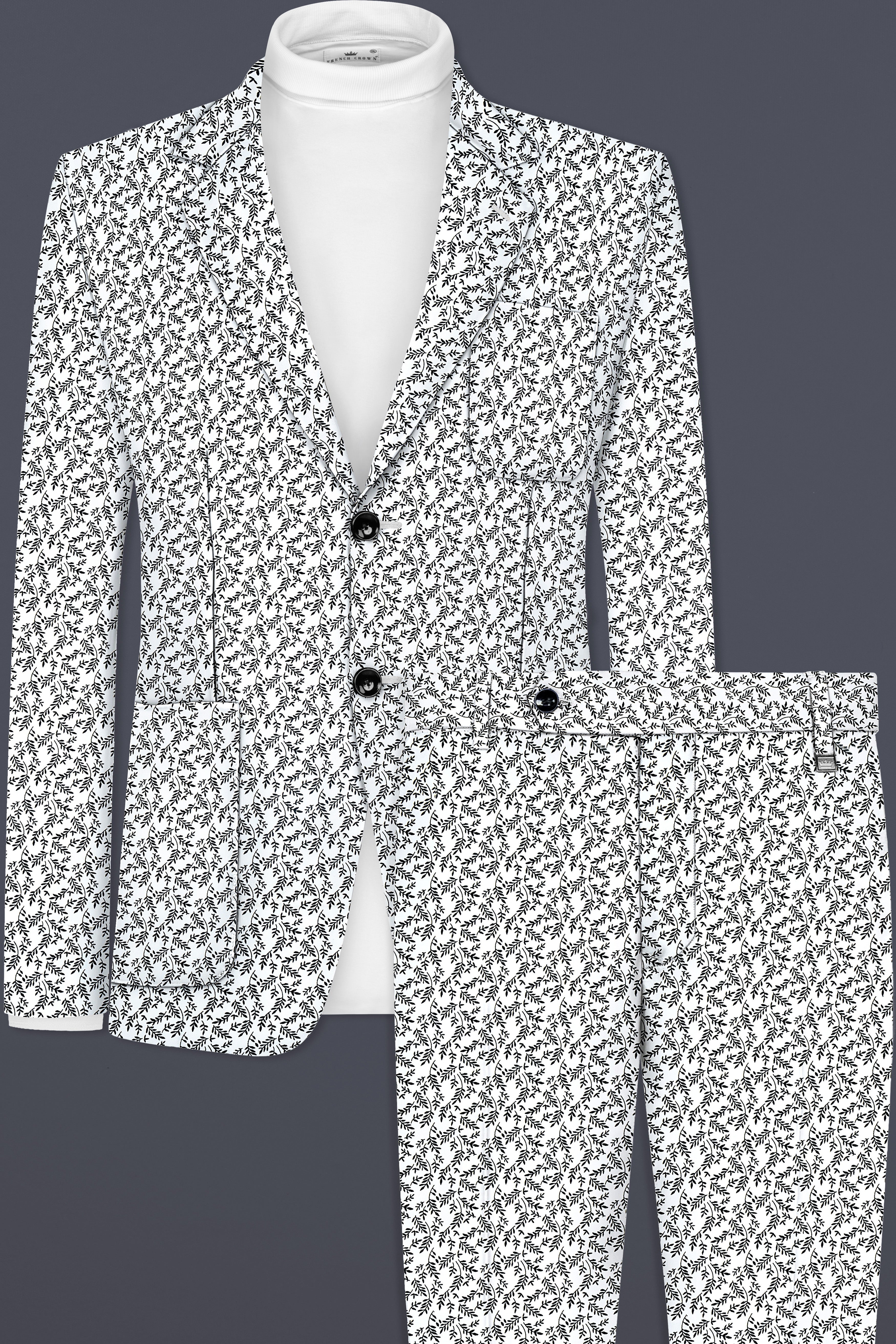 Bright White And jade Black Printed Cotton Single Breasted Designer Suit