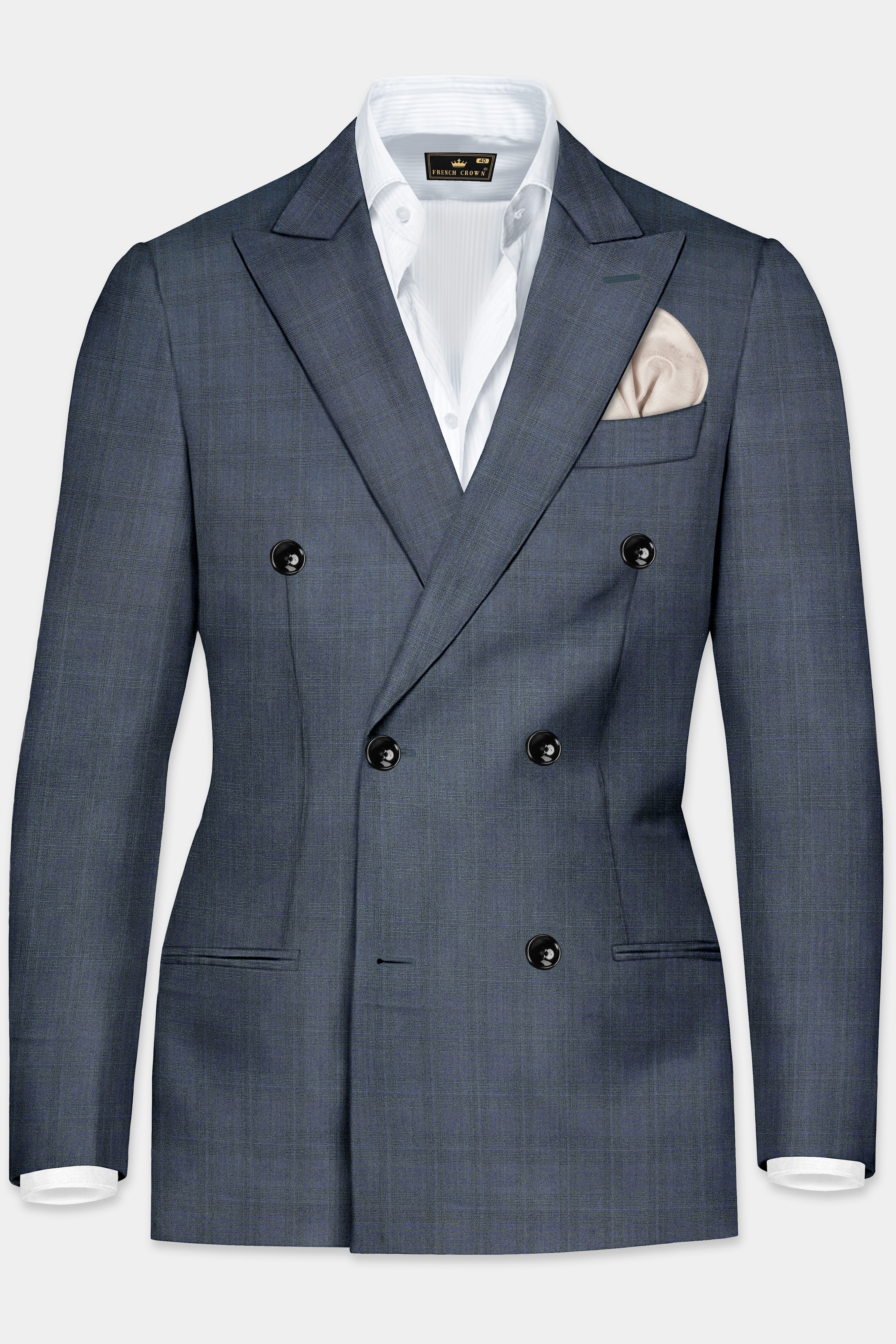 Space Green Textured Wool Blend Double Breasted Suit