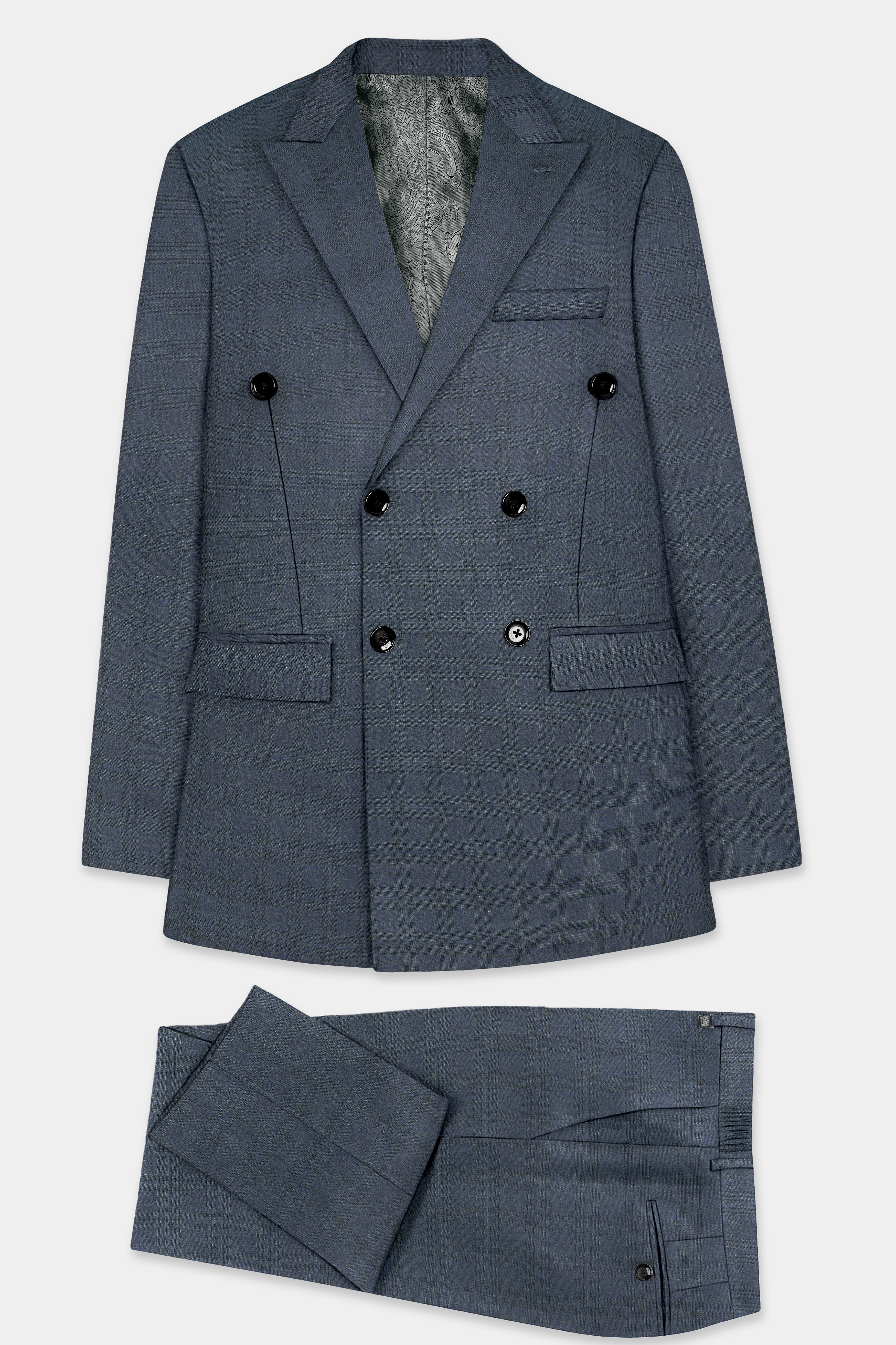 Space Green Textured Wool Blend Double Breasted Suit