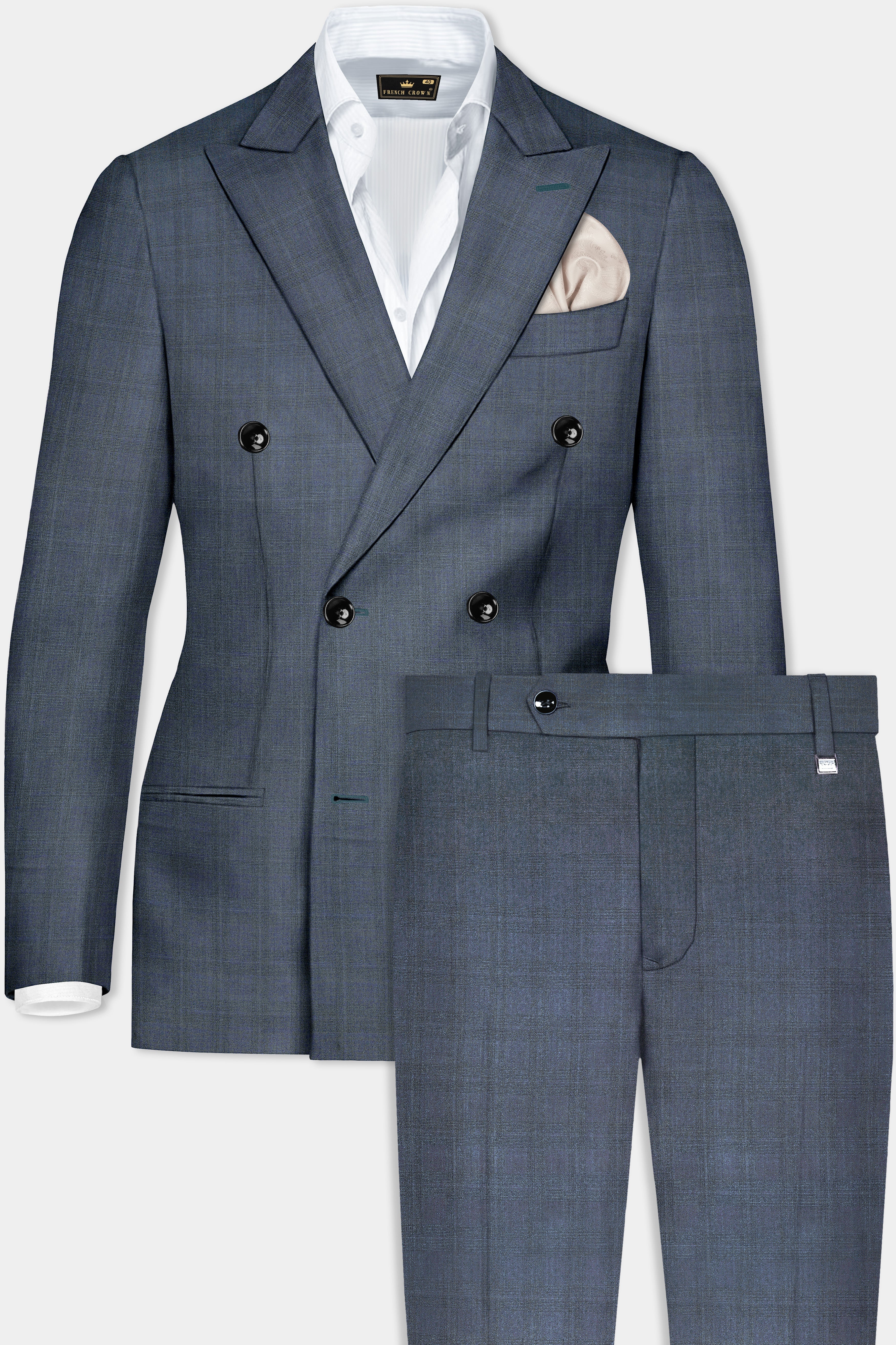 Space Green Textured Wool Blend Double Breasted Suit