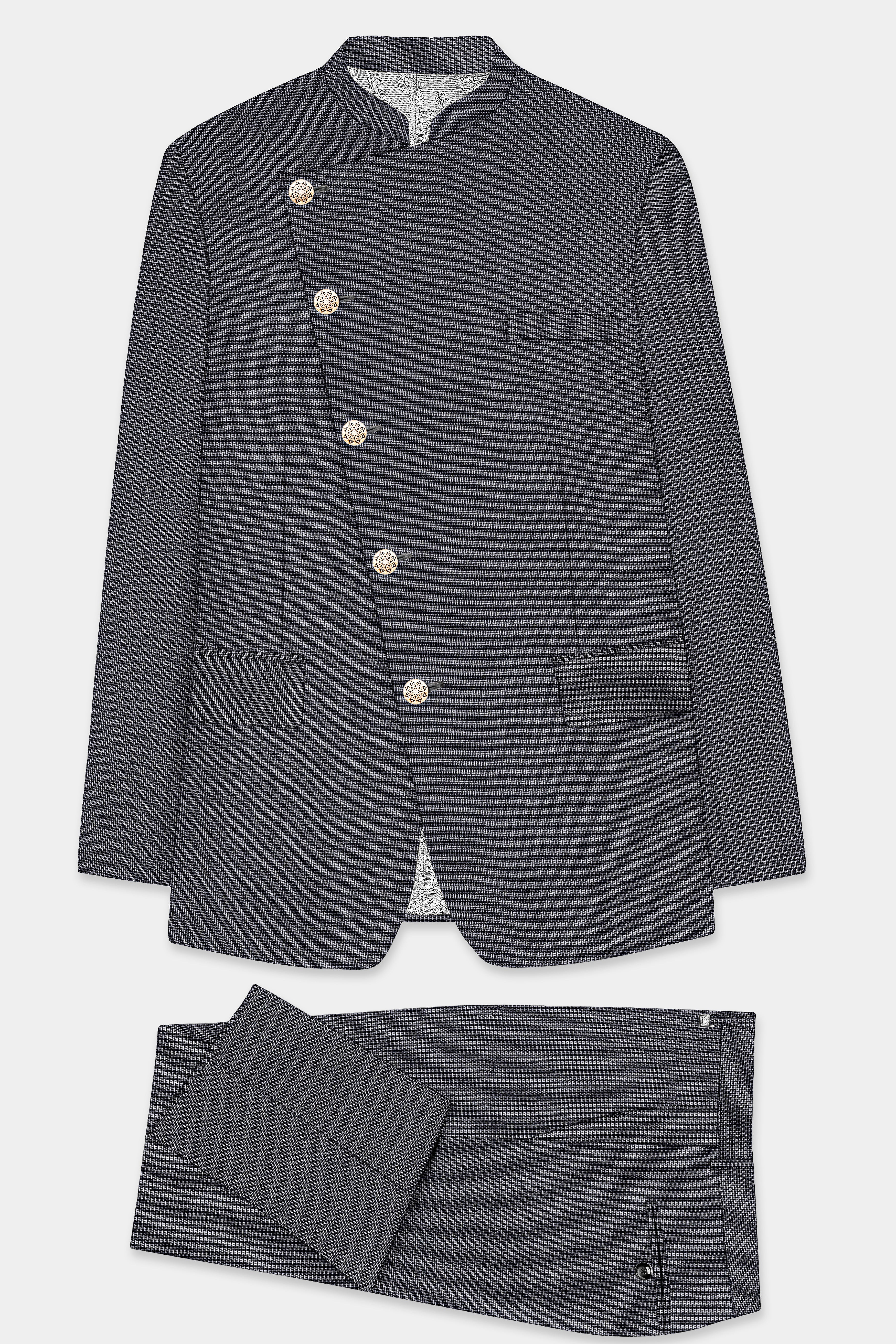 Shaft Gray Textured Wool Blend Cross Placket Bandhgala Suit