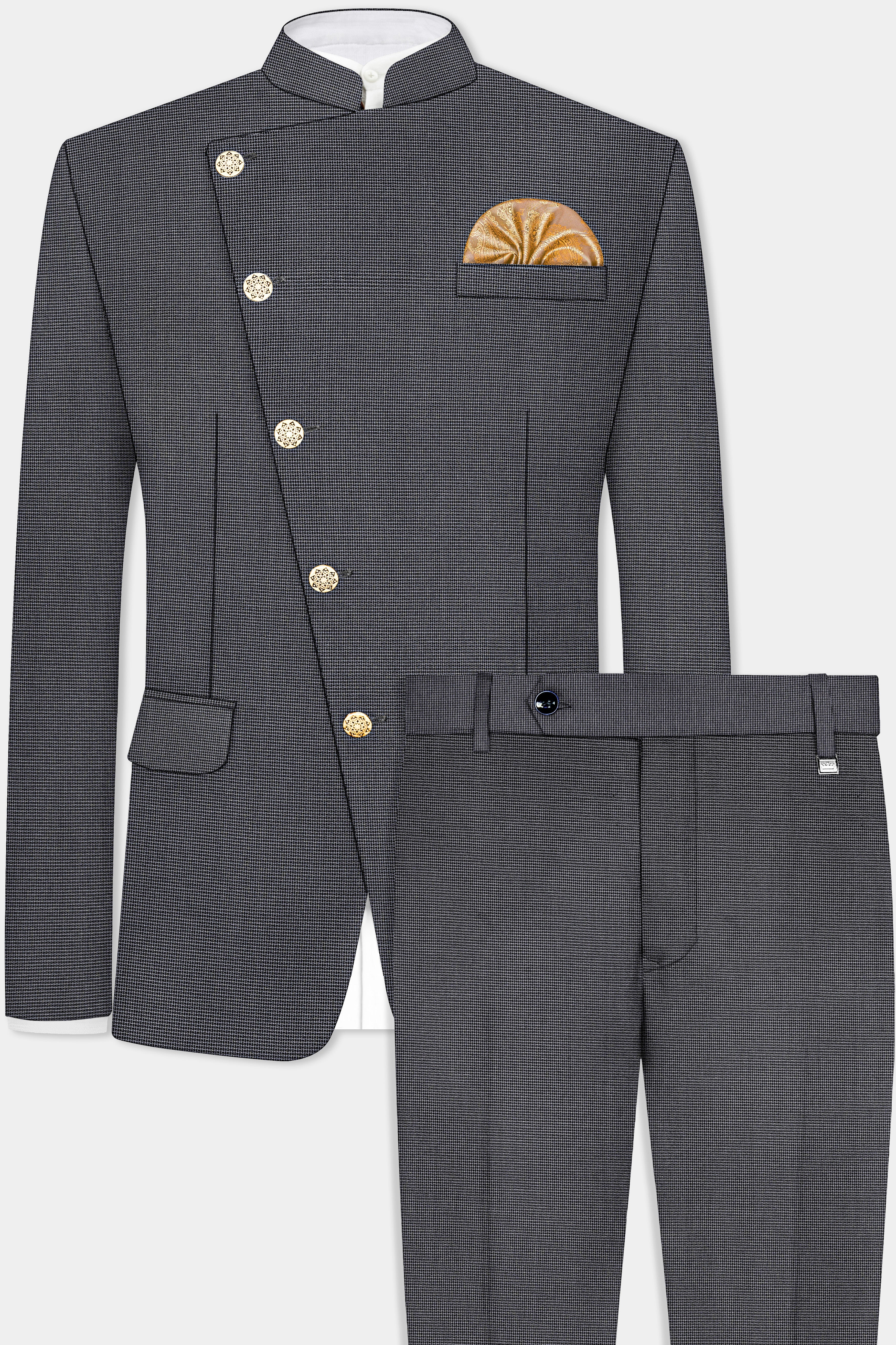 Shaft Gray Textured Wool Blend Cross Placket Bandhgala Suit