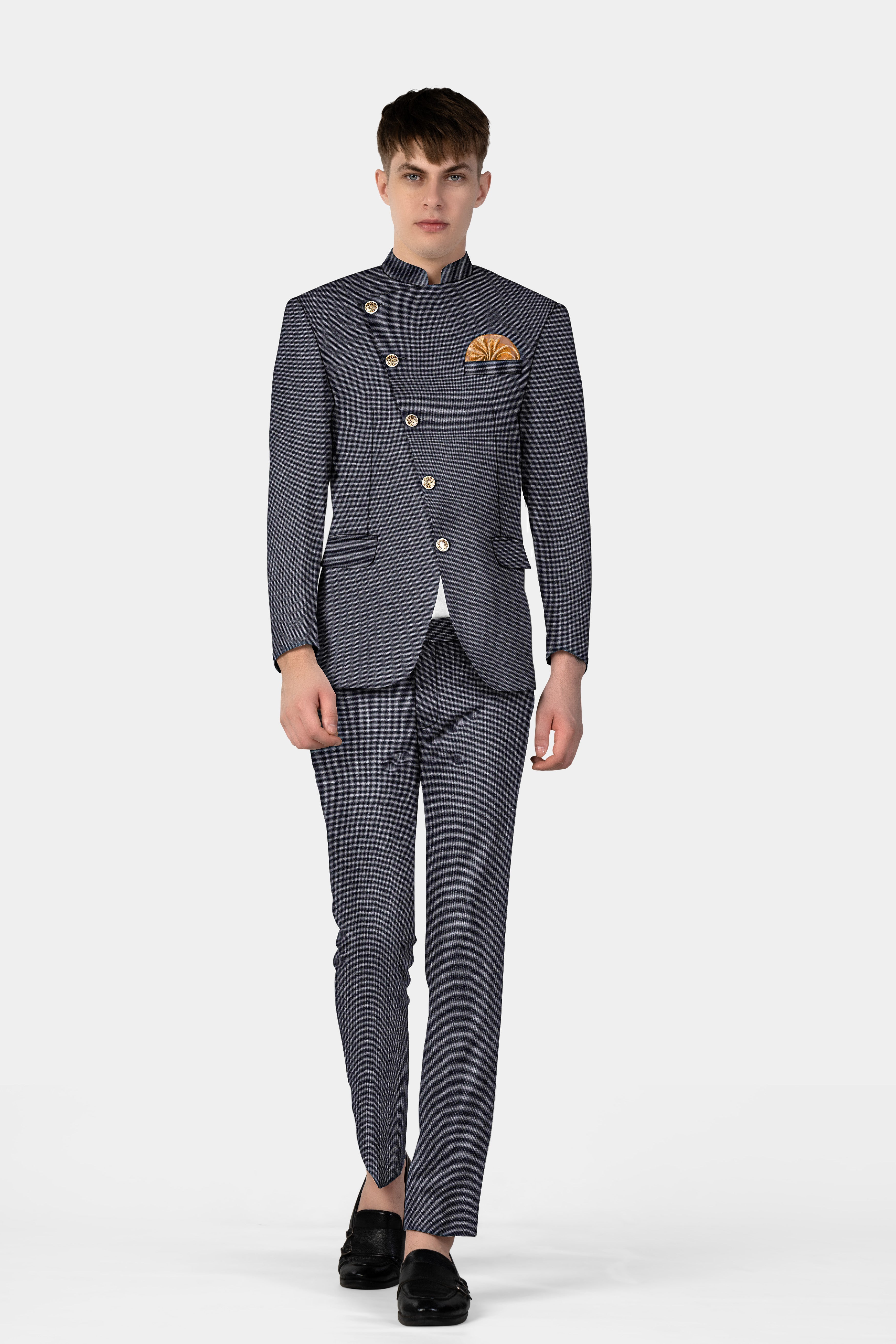 Shaft Gray Textured Wool Blend Cross Placket Bandhgala Suit